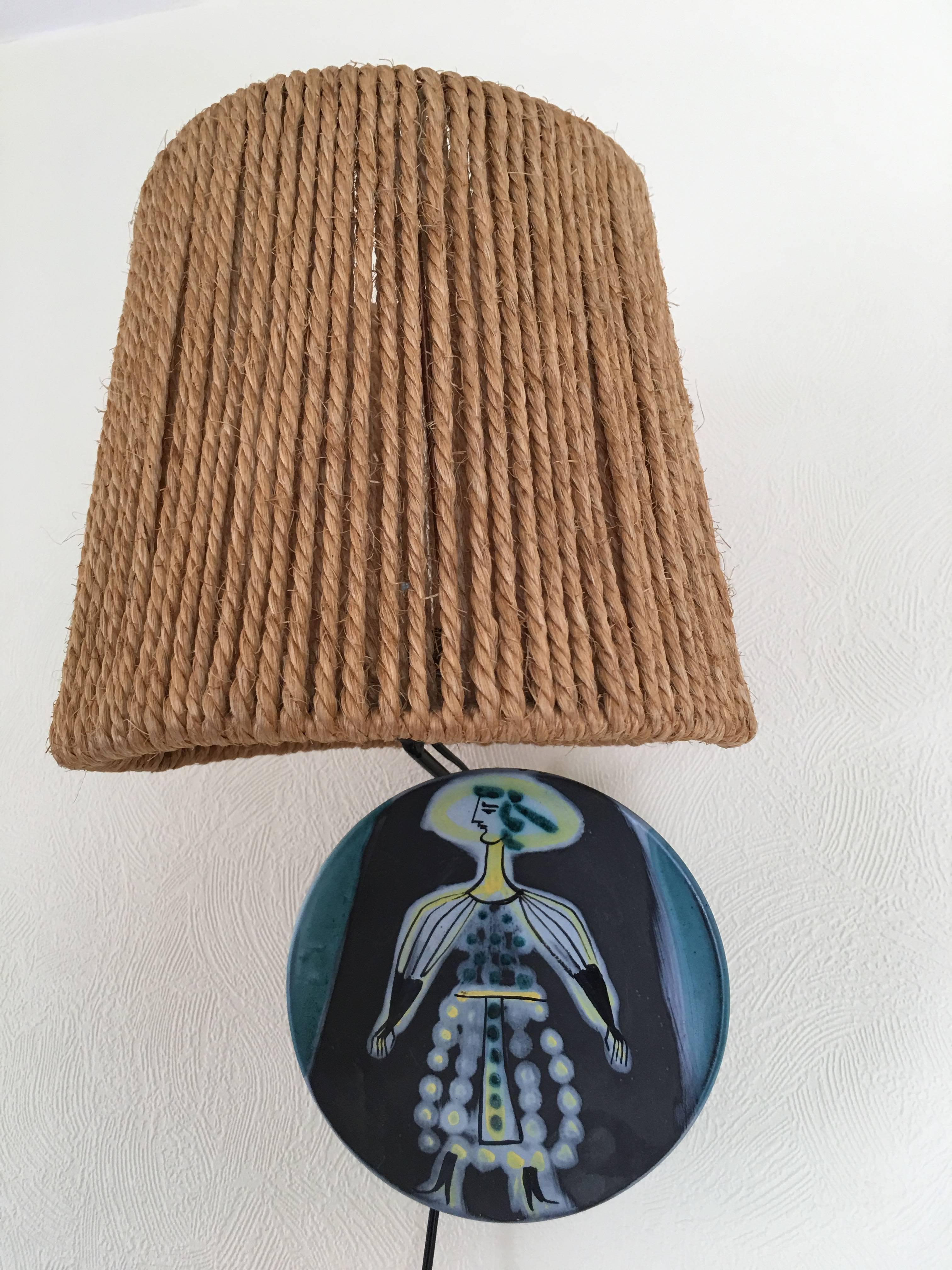Mid-Century Modern Capron Signed Ceramic Plate Sconce, Audoux-Minet Rope Shade, Vallauris France