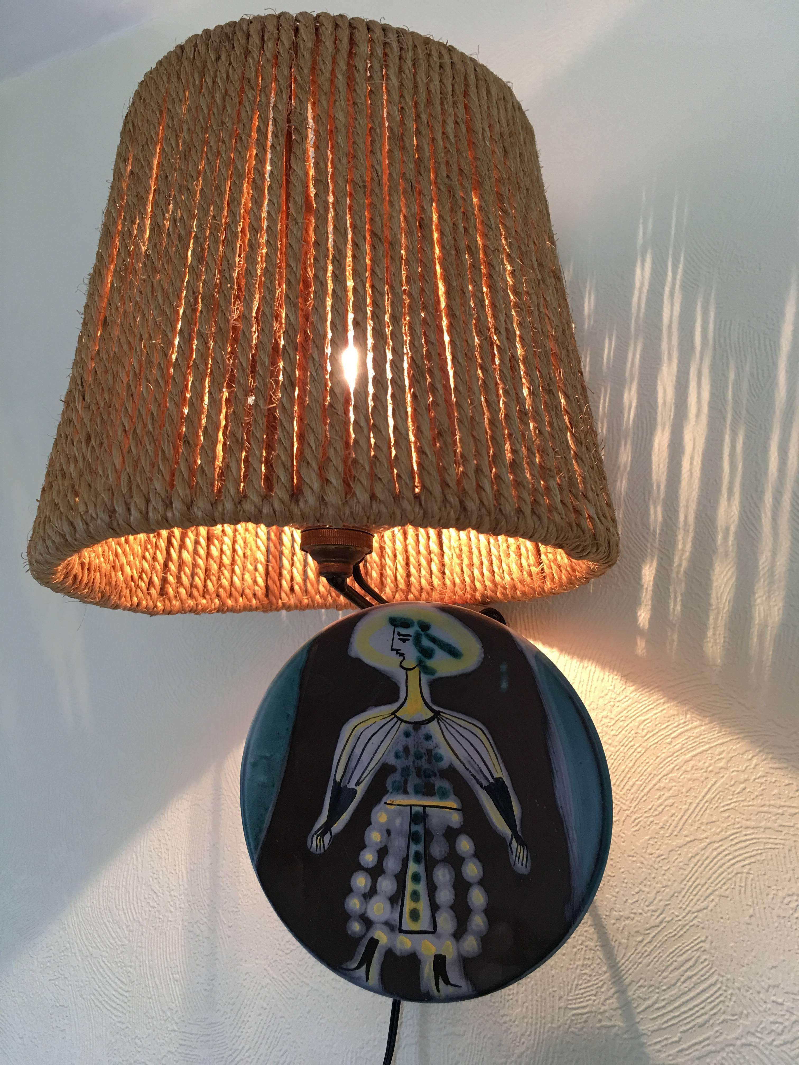 Mid-20th Century Capron Signed Ceramic Plate Sconce, Audoux-Minet Rope Shade, Vallauris France
