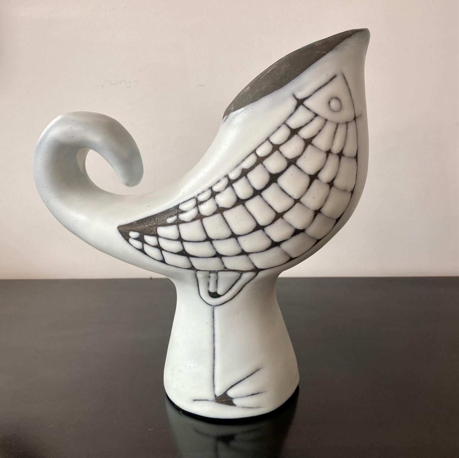 Mid-Century Modern Capron Vase/Pitcher with Bird, Vallauris, 1960's