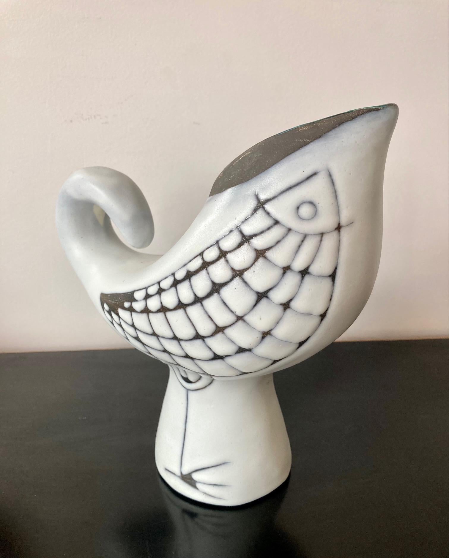 European Capron Vase/Pitcher with Bird, Vallauris, 1960's