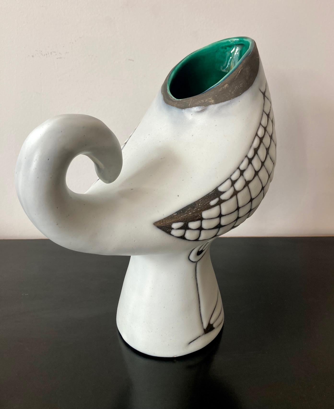 Ceramic Capron Vase/Pitcher with Bird, Vallauris, 1960's