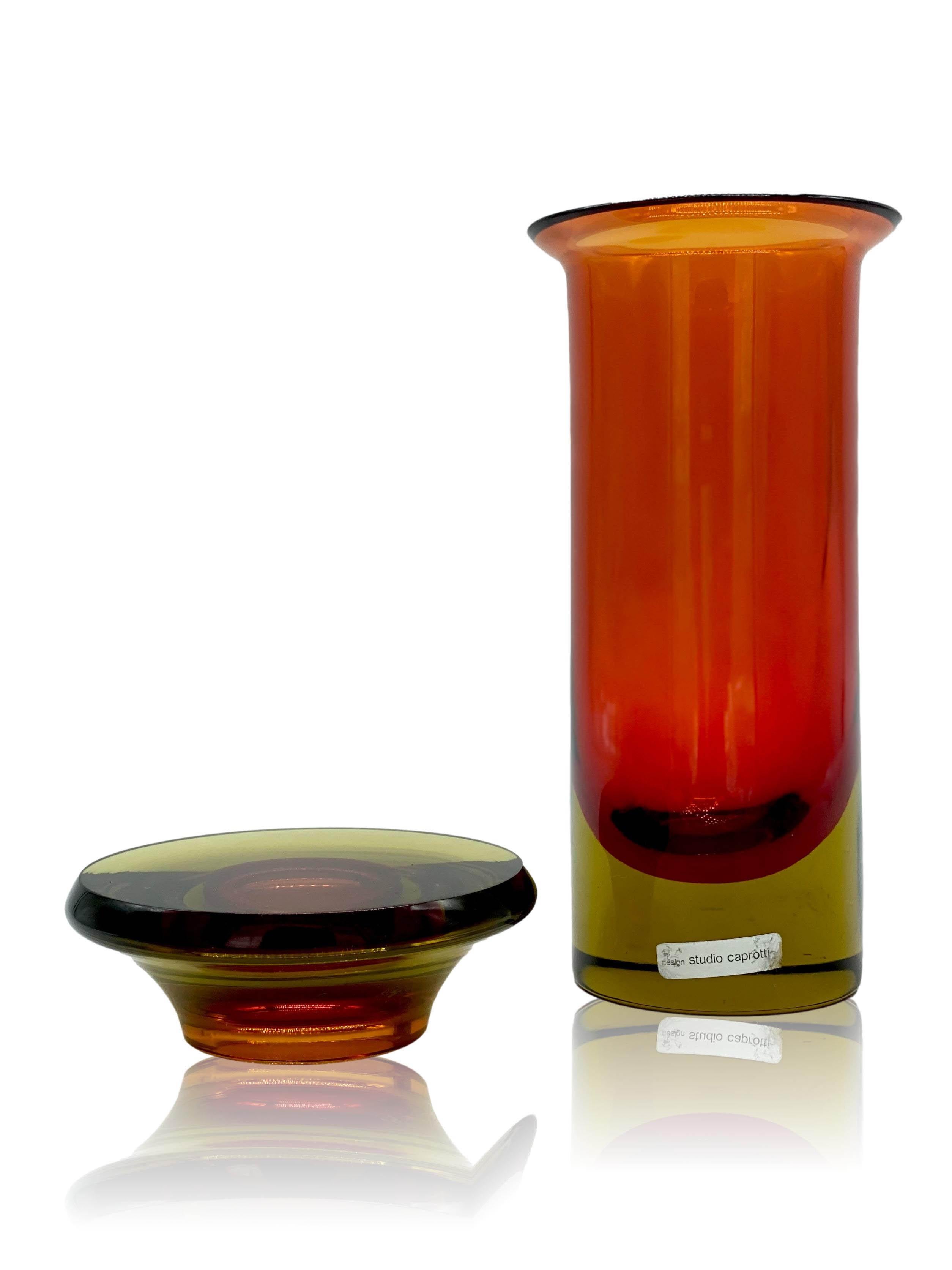 Caprotti Studio Design Red & Amber Submerged Murano Glass Bottle, Italy 1970s In Good Condition In Naples, IT