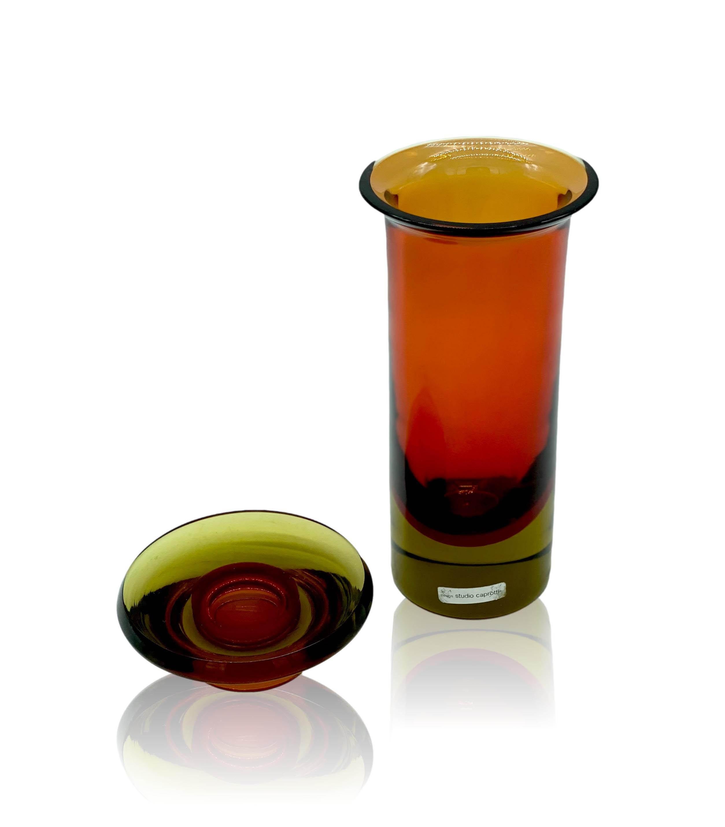 Late 20th Century Caprotti Studio Design Red & Amber Submerged Murano Glass Bottle, Italy 1970s