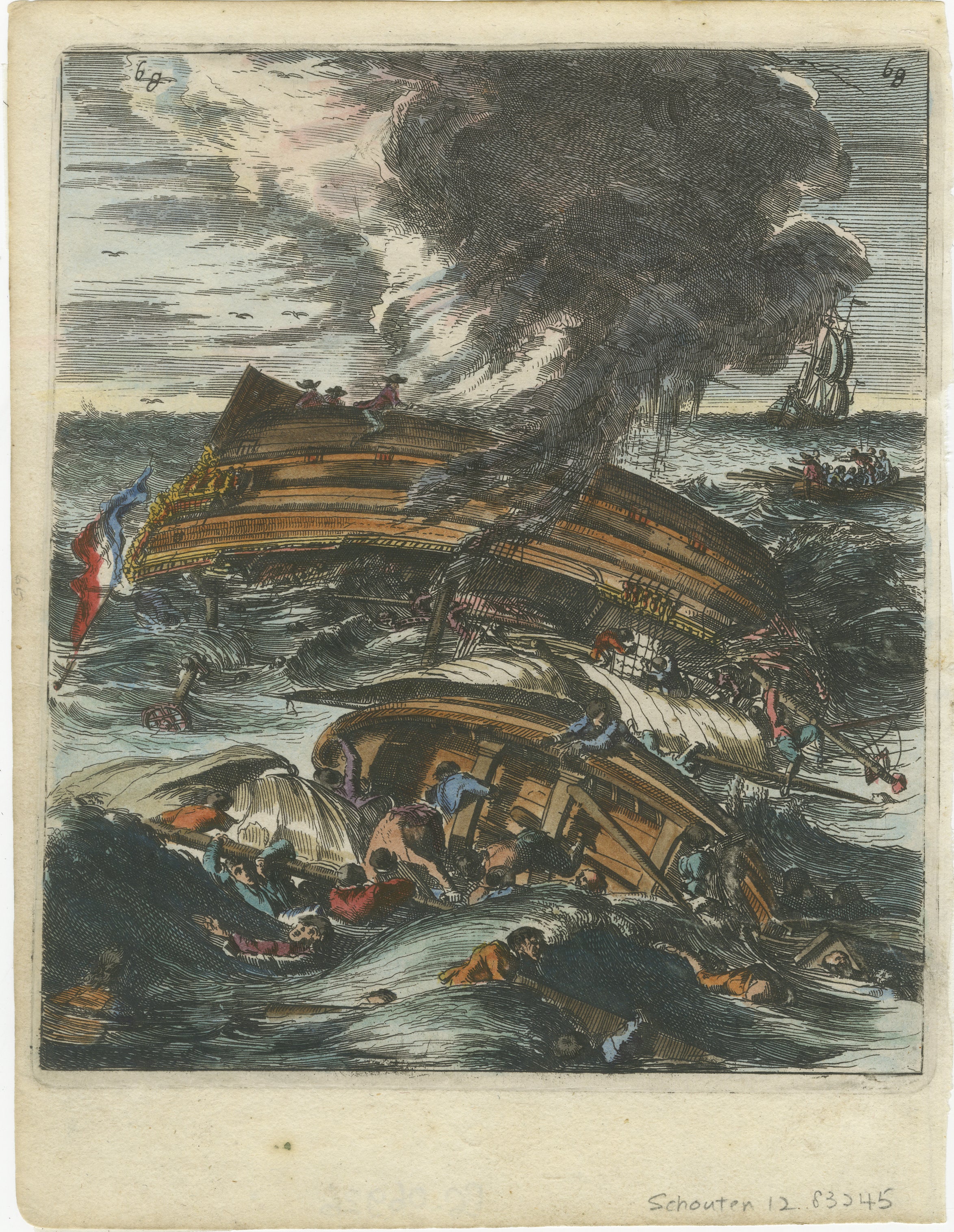 Capsizing Warships – Hand-Colored Etching from Wouter Schouten’s East Indian Voyage, 1676

Dramatic 17th-century hand-colored etching depicting the wreck of capsizing warships amid stormy seas, with sailors struggling to survive among the wreckage.