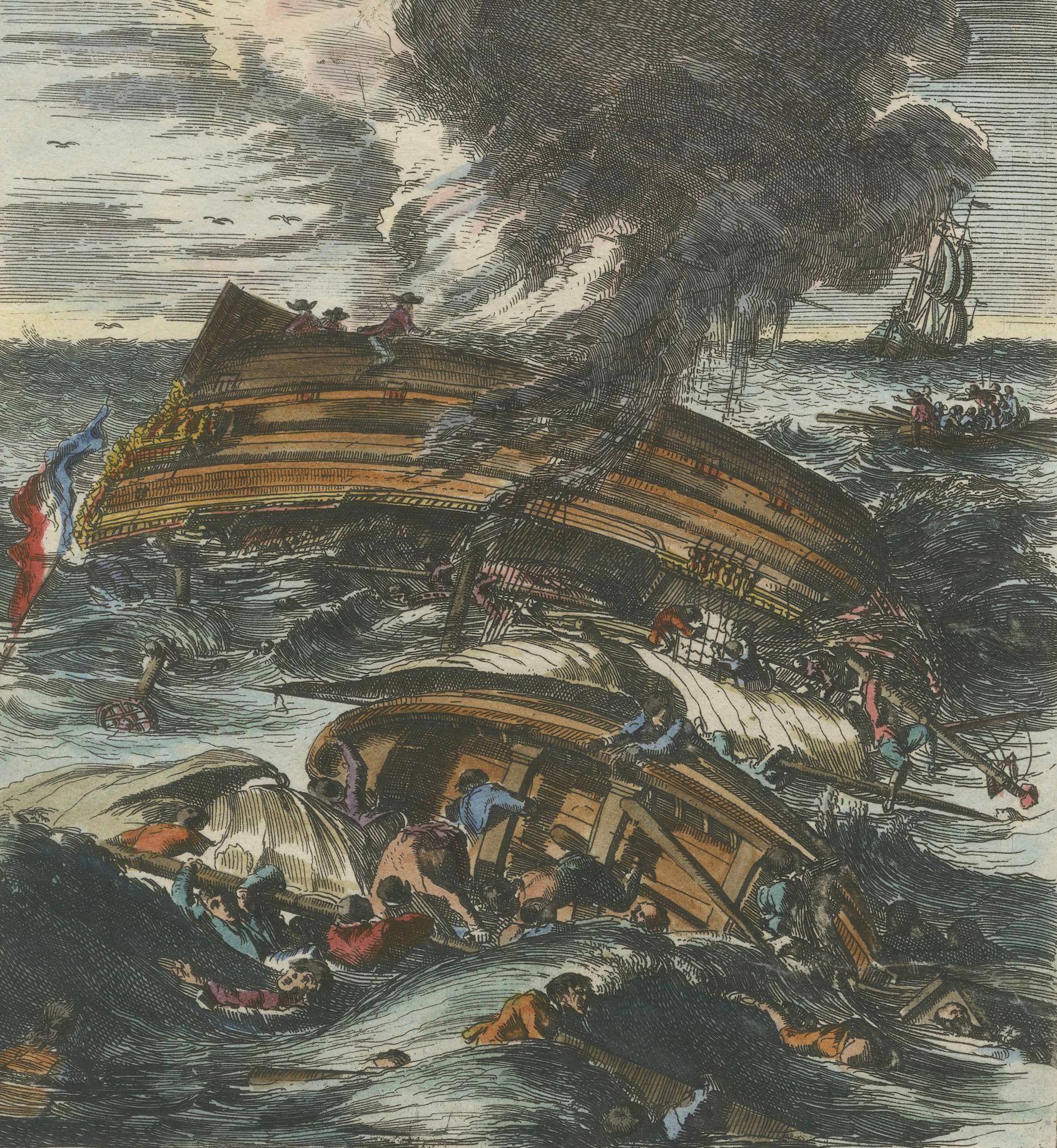 Dutch Capsizing Warships – Hand-Colored Etching of Schouten’s East Indian Voyage, 1676 For Sale
