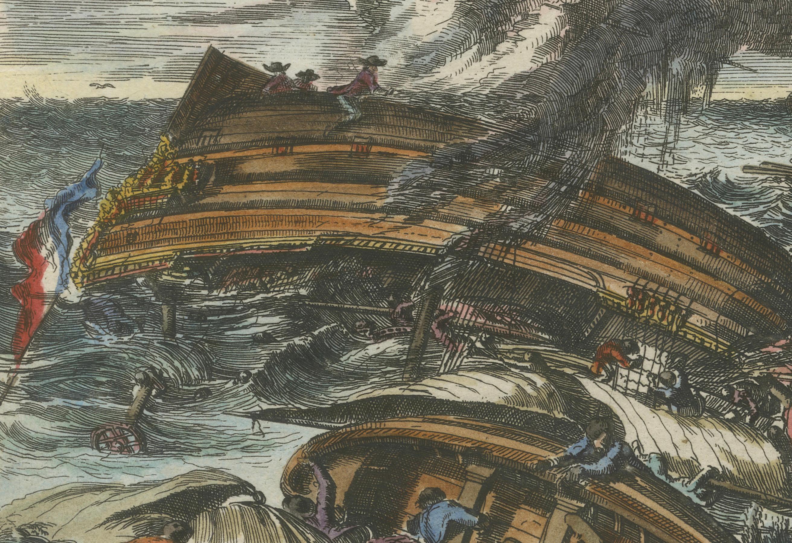 Engraved Capsizing Warships – Hand-Colored Etching of Schouten’s East Indian Voyage, 1676 For Sale