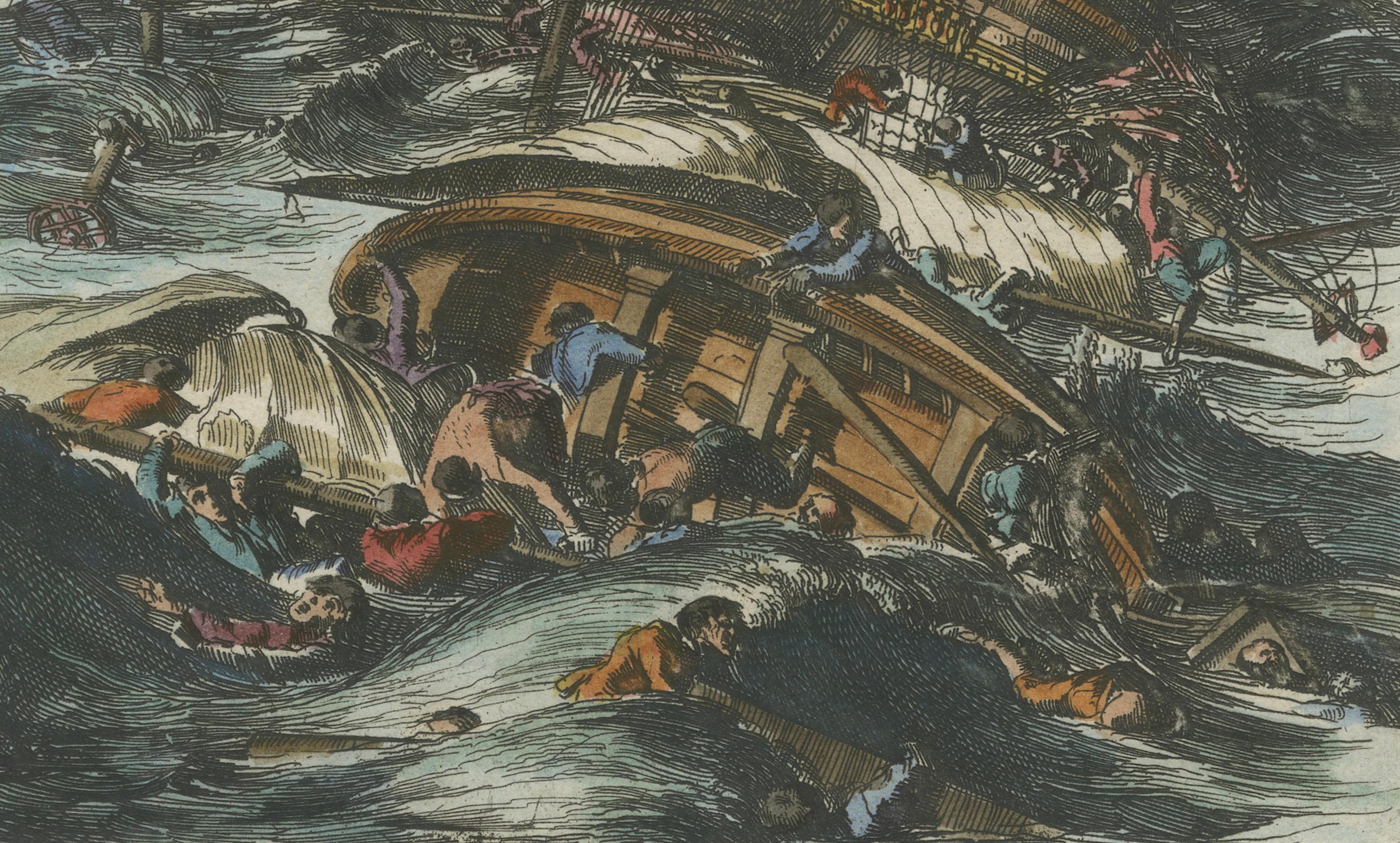Capsizing Warships – Hand-Colored Etching of Schouten’s East Indian Voyage, 1676 In Good Condition For Sale In Langweer, NL