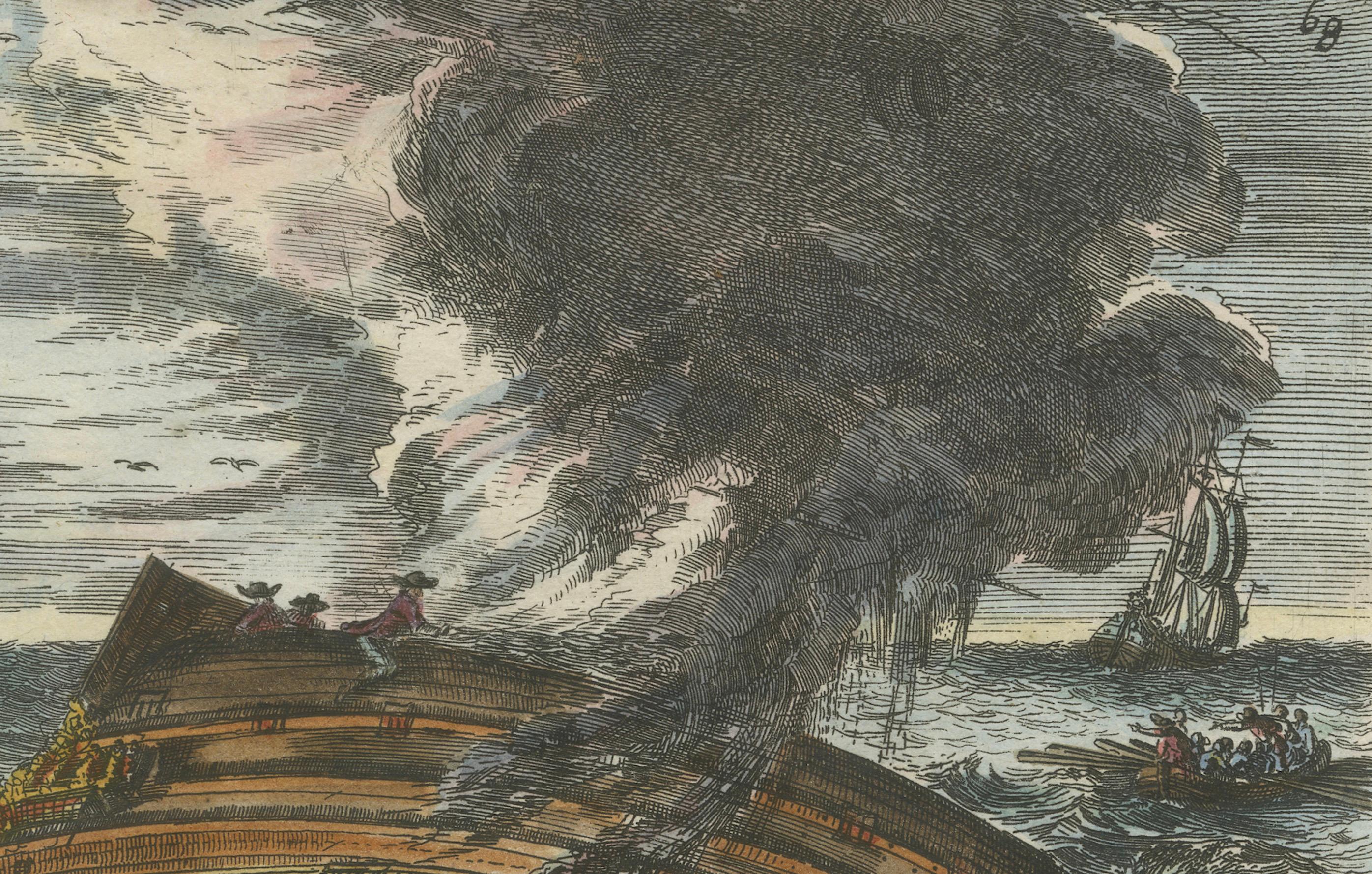Late 17th Century Capsizing Warships – Hand-Colored Etching of Schouten’s East Indian Voyage, 1676 For Sale