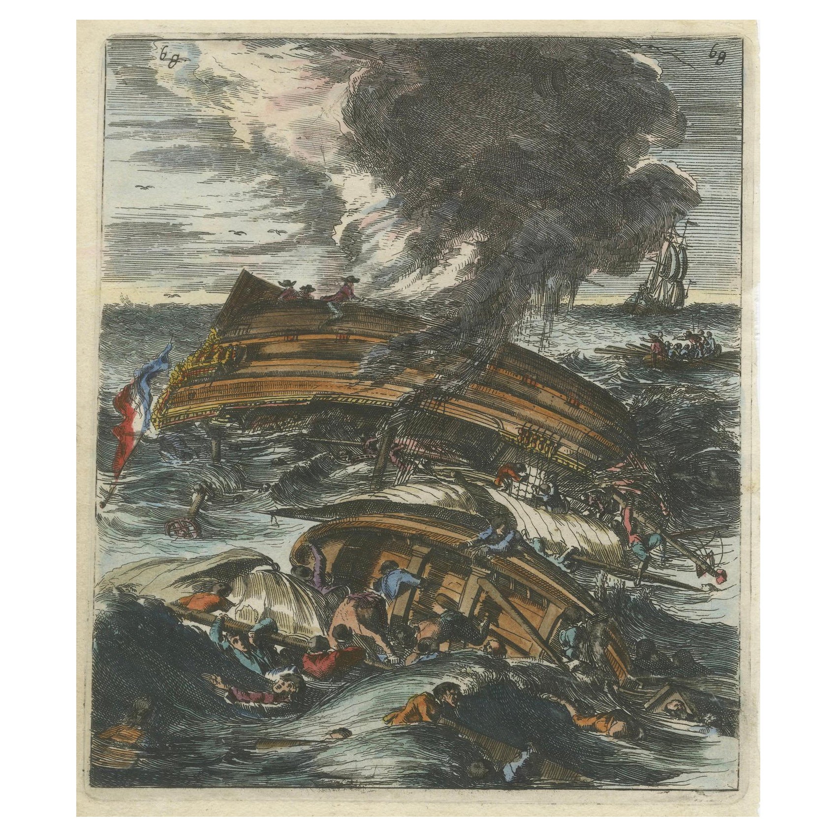 Capsizing Warships – Hand-Colored Etching of Schouten’s East Indian Voyage, 1676 For Sale