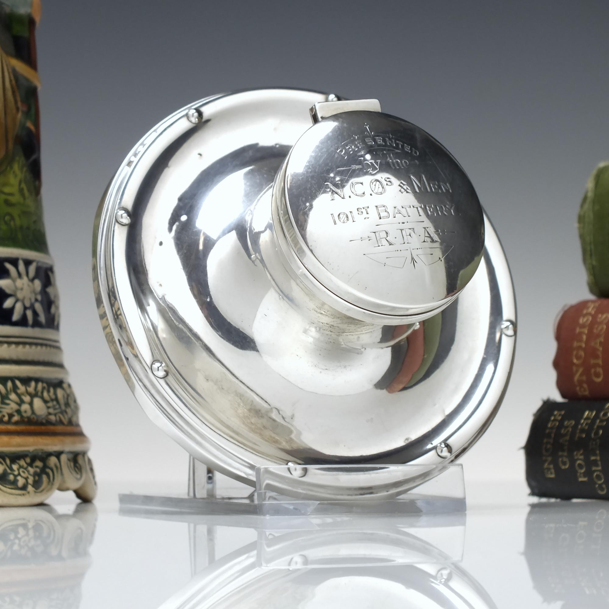 An exceptional Art Deco Capstan Silver Inkwell fully hallmarked for Birmingham 1938. 

It has the words 
