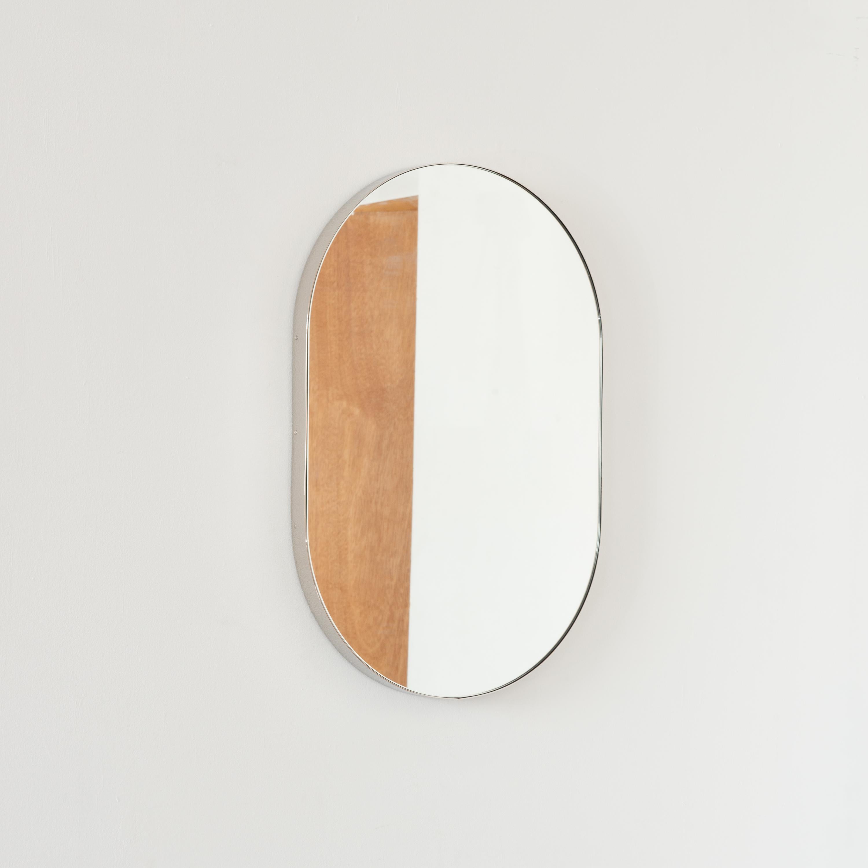 Contemporary In Stock Capsula Pill Shaped Modern Mirror, Nickel Plated Frame, Medium For Sale