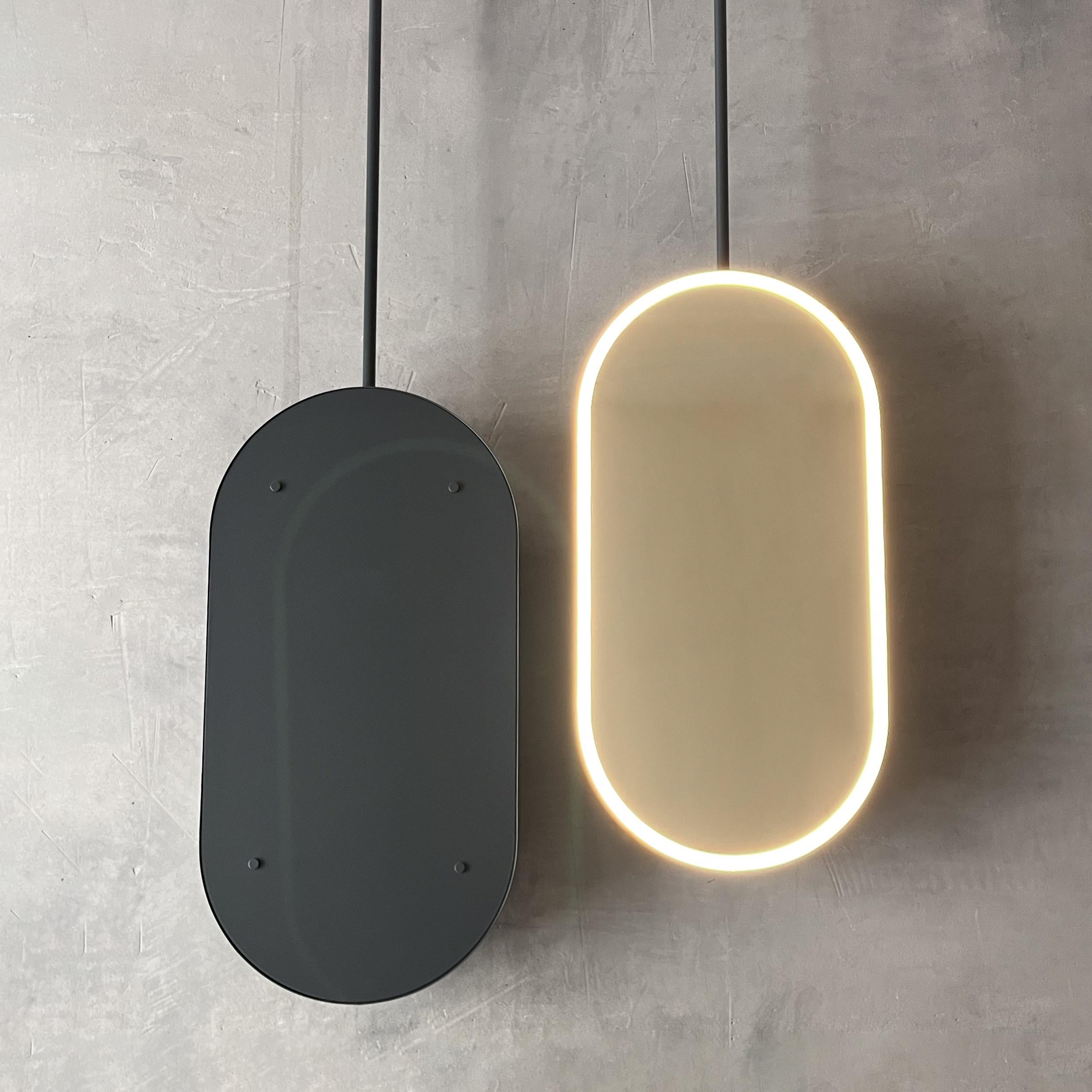 British Capsula Ceiling Suspended Illuminated Mirror with Modern Anthracite Grey Frame For Sale