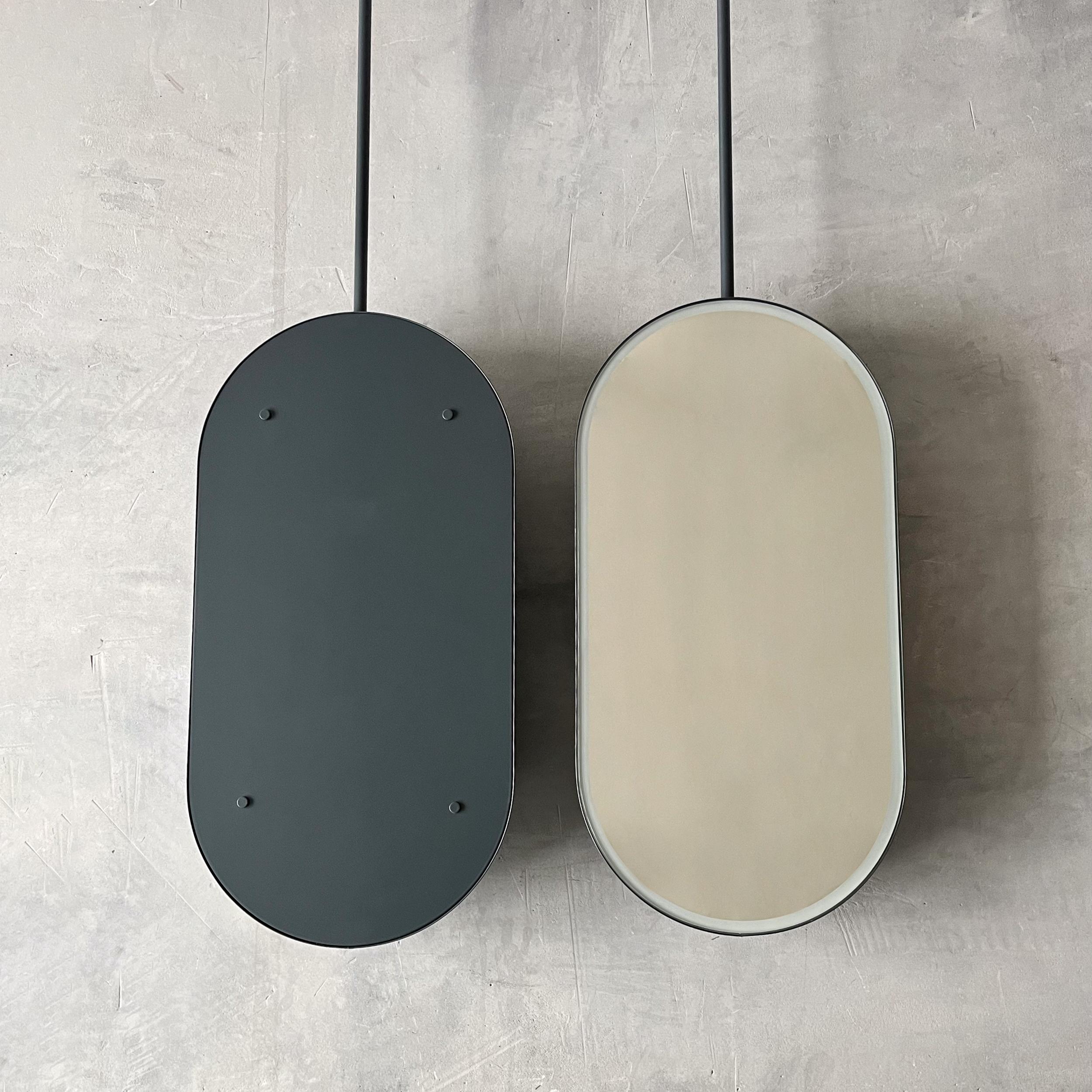 Powder-Coated Capsula Ceiling Suspended Illuminated Mirror with Modern Anthracite Grey Frame For Sale