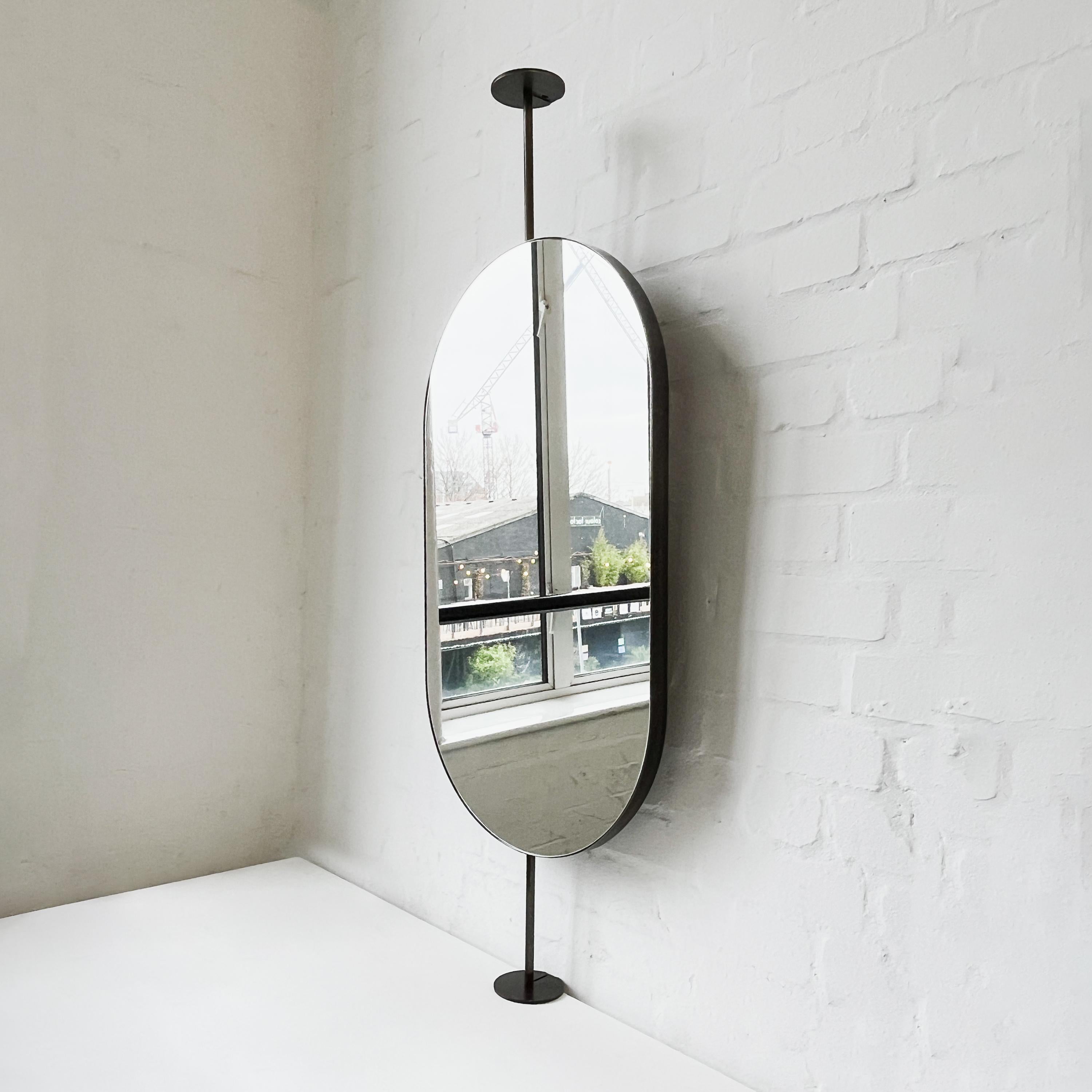 Modern Capsula Countertop to Ceiling Attached Pill shaped Mirror, Bronze Patina Frame For Sale