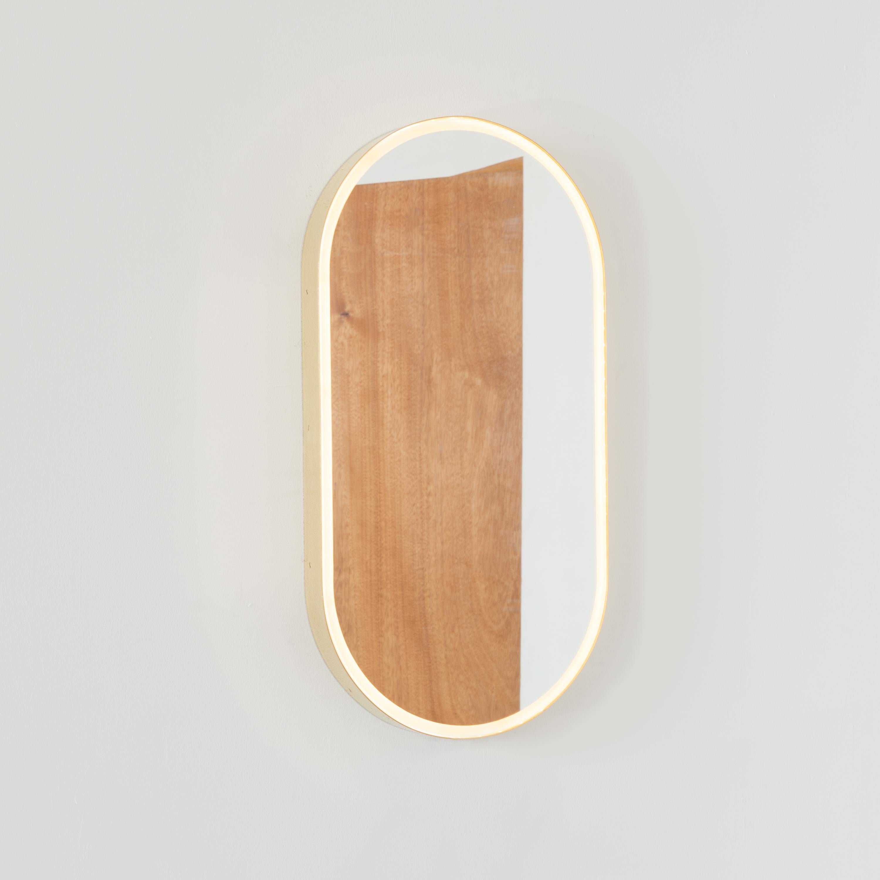 Capsula Illuminated Capsule Shape Modern Mirror with Brass Frame, Medium For Sale 2