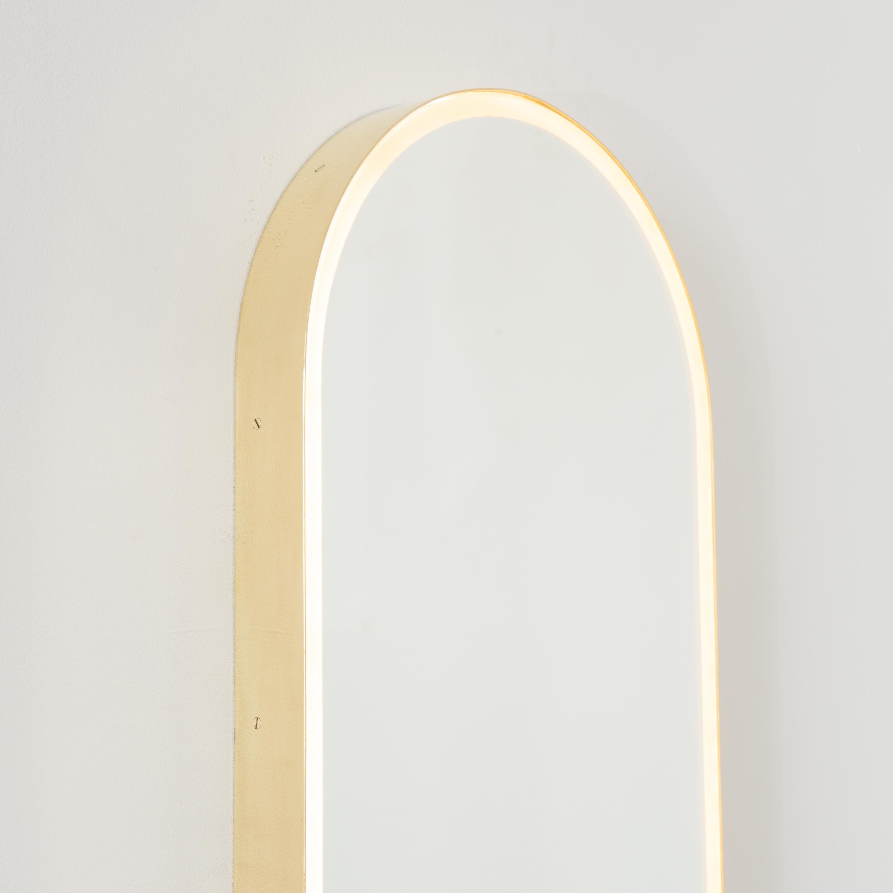 Brushed Capsula Illuminated Capsule Shape Modern Mirror with Brass Frame, Medium For Sale