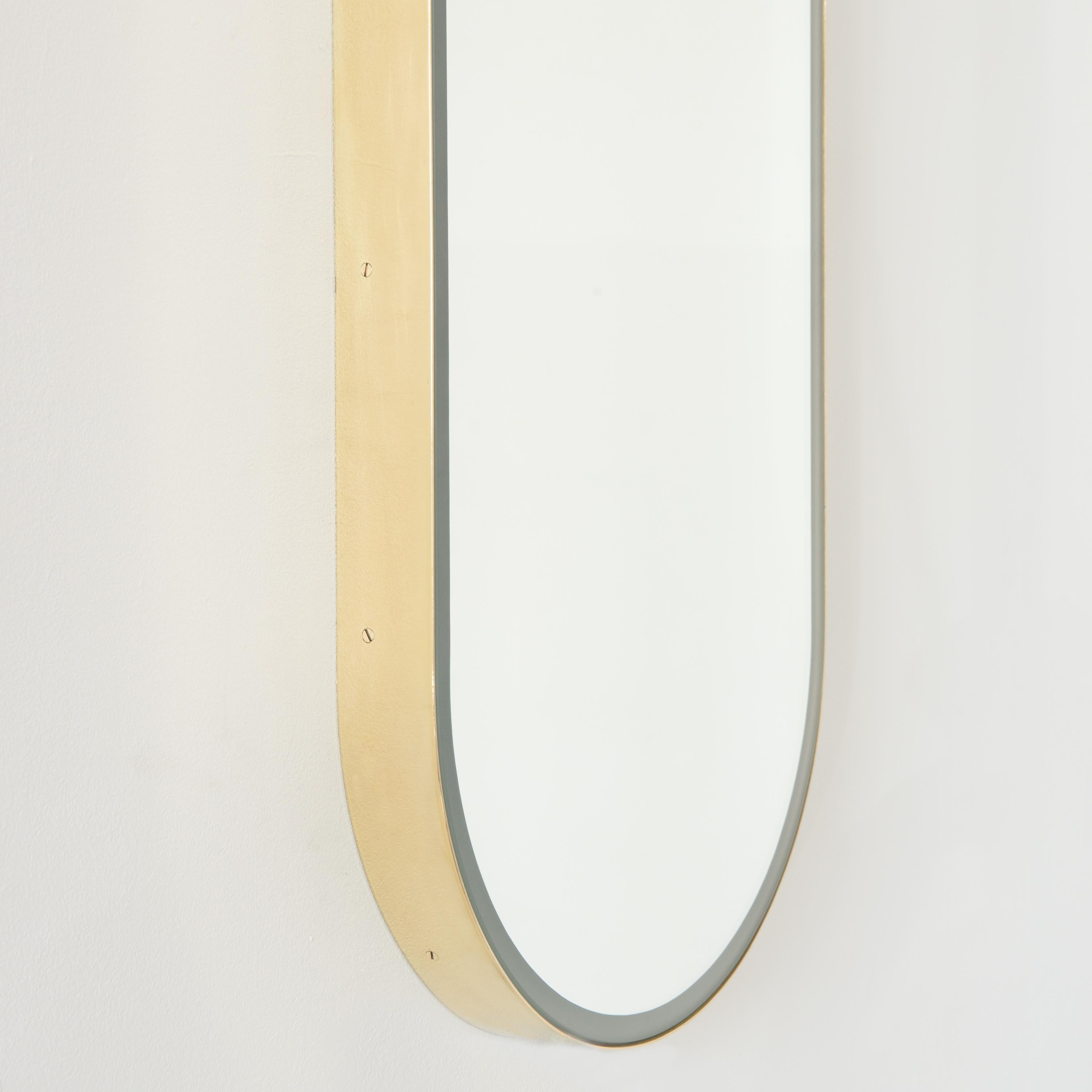 Contemporary Capsula Illuminated Capsule Shape Modern Mirror with Brass Frame, Medium For Sale