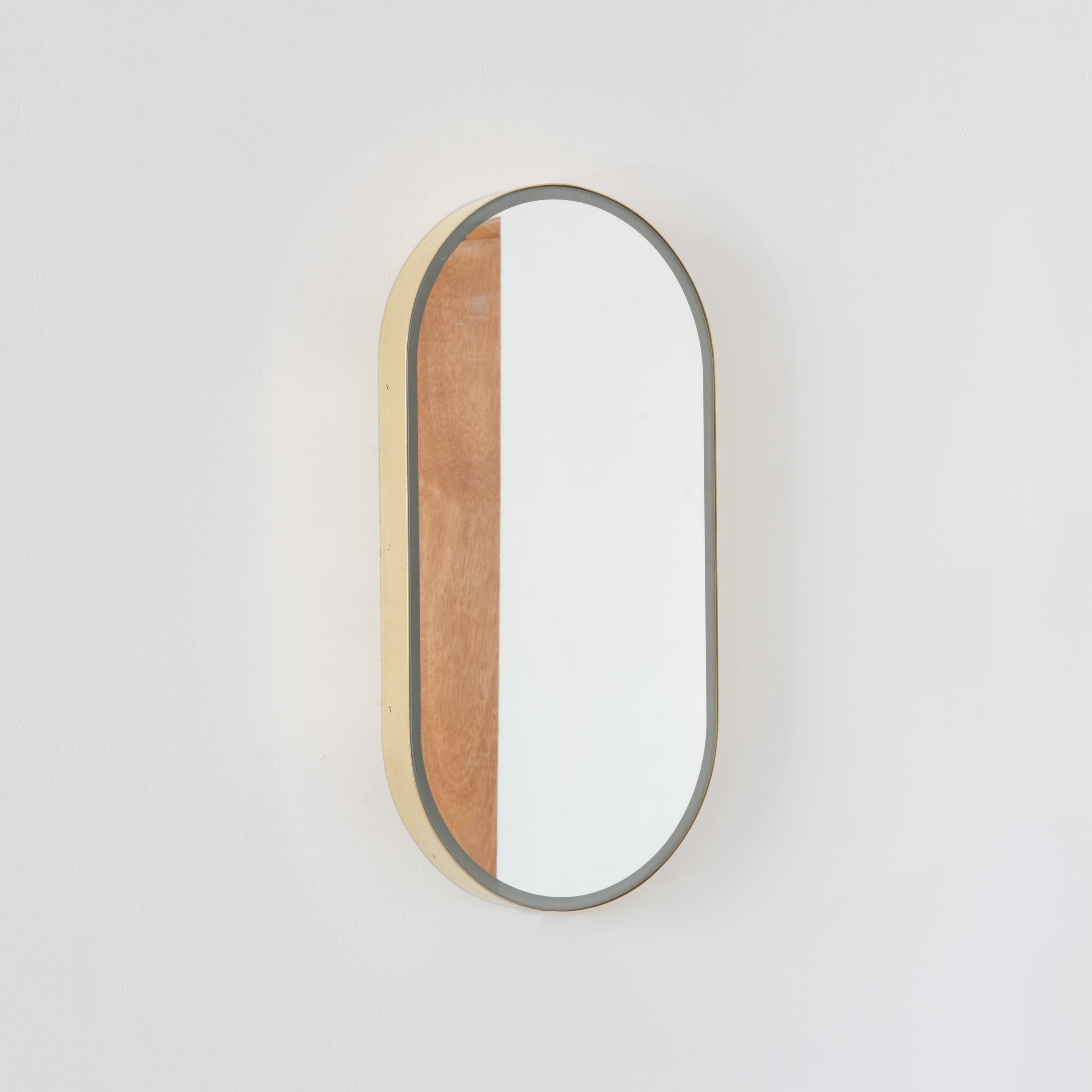 Capsula Illuminated Capsule Shape Modern Mirror with Brass Frame, Medium For Sale 1