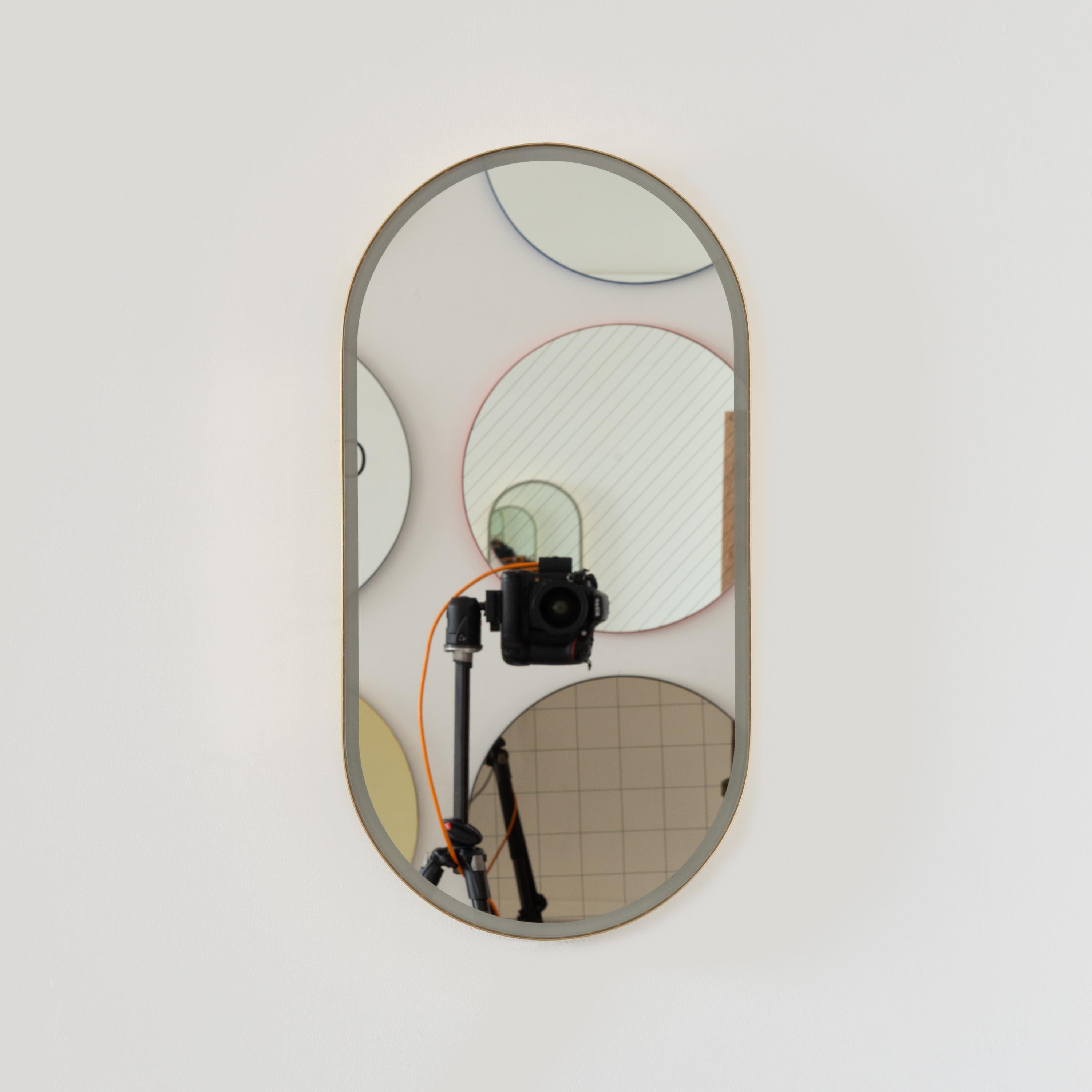 Brushed Capsula Illuminated Capsule Shaped Customisable Mirror with Brass Frame, Large For Sale