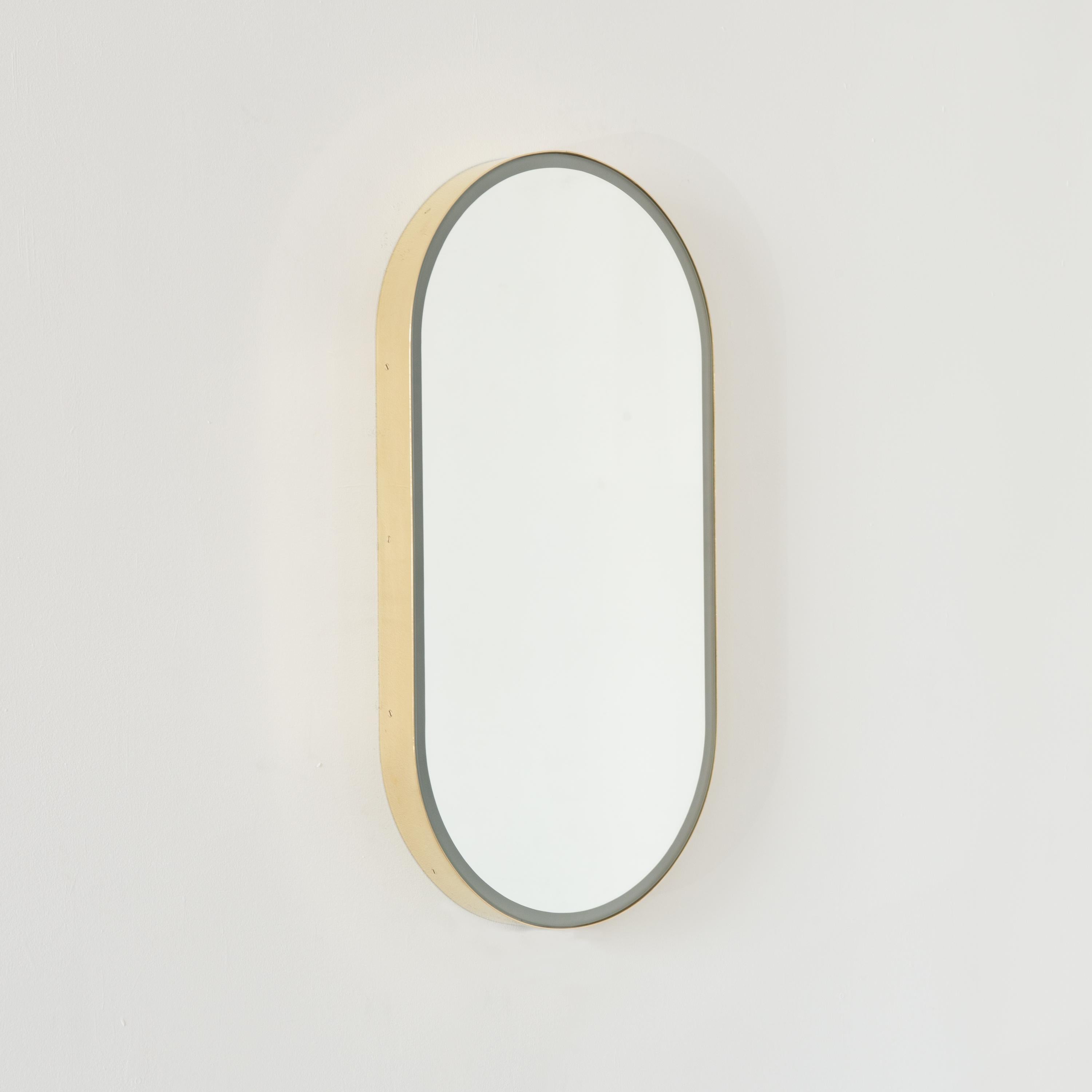 Contemporary Capsula Illuminated Capsule Shaped Customisable Mirror with Brass Frame, Large For Sale