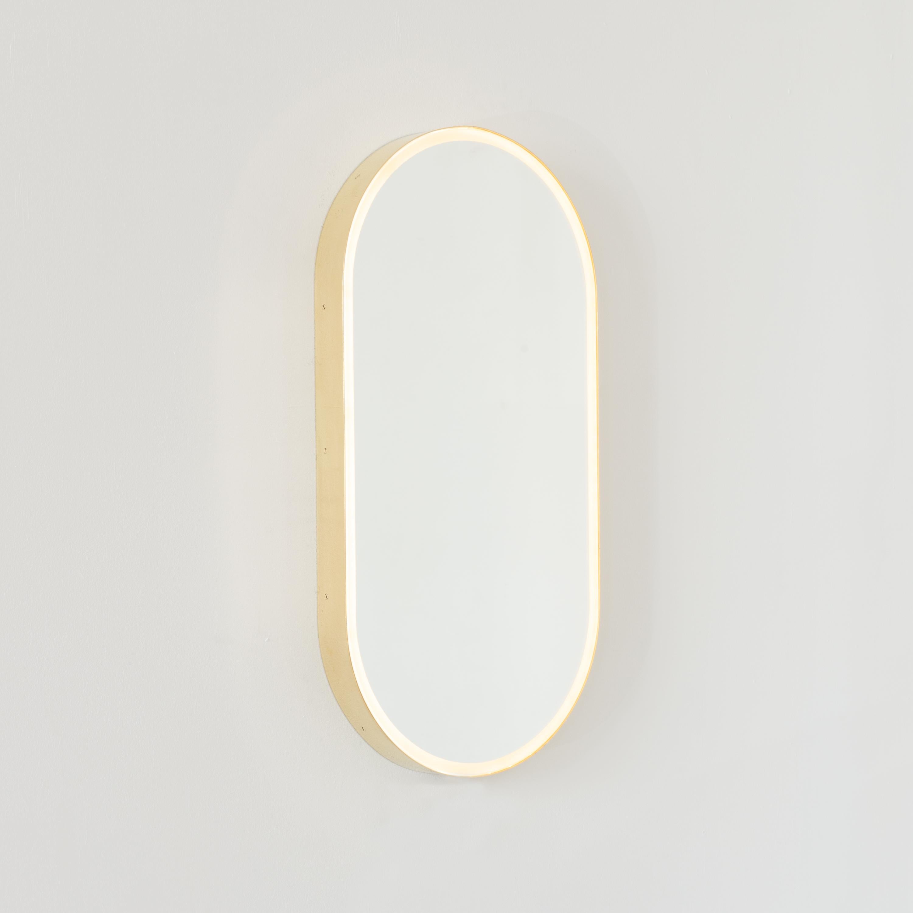 British Capsula Illuminated Contemporary Pill Shaped Mirror with Brass Frame, XL For Sale