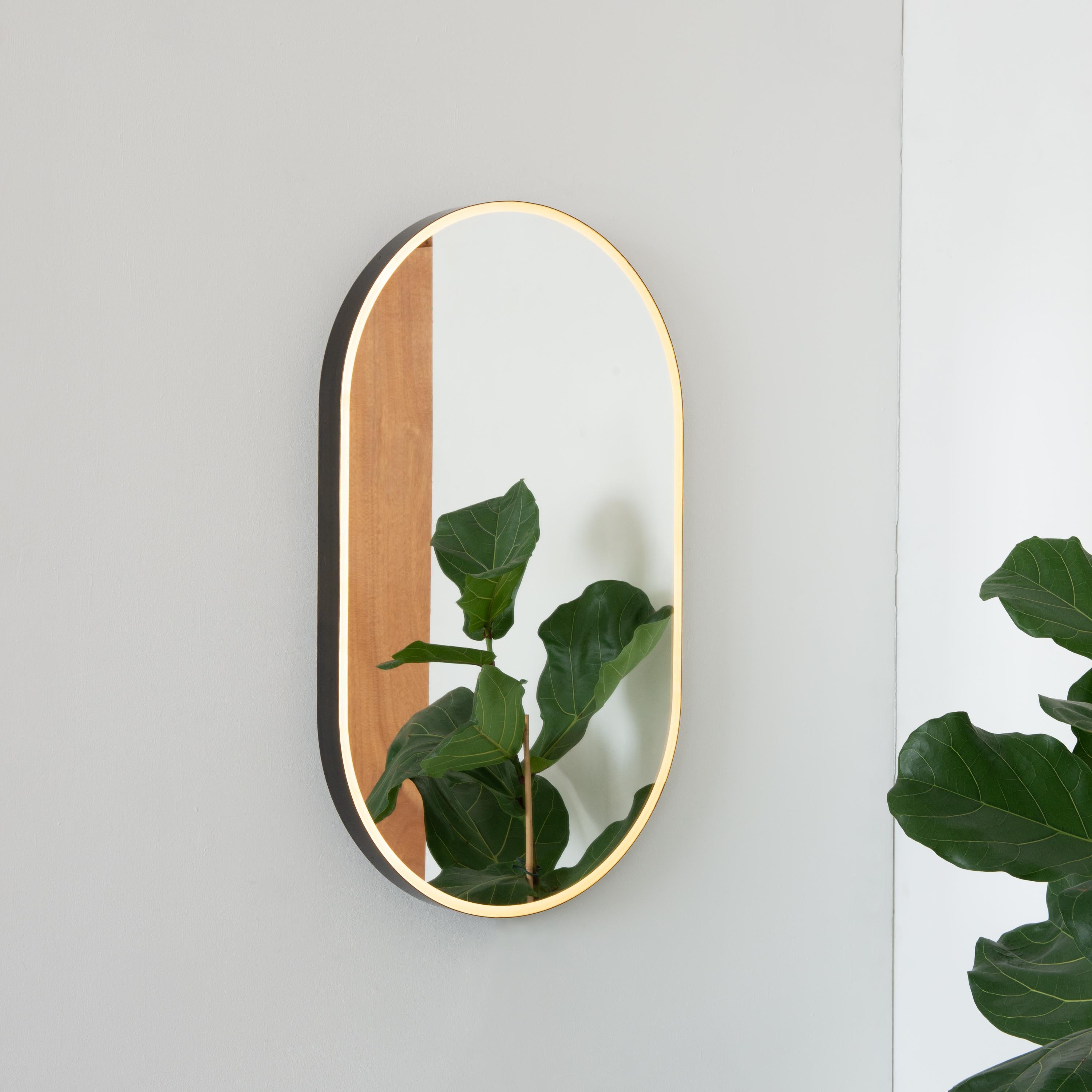 Organic Modern Capsula Front Illuminated Pill Shaped Mirror, Bronze Patina Frame, XL For Sale