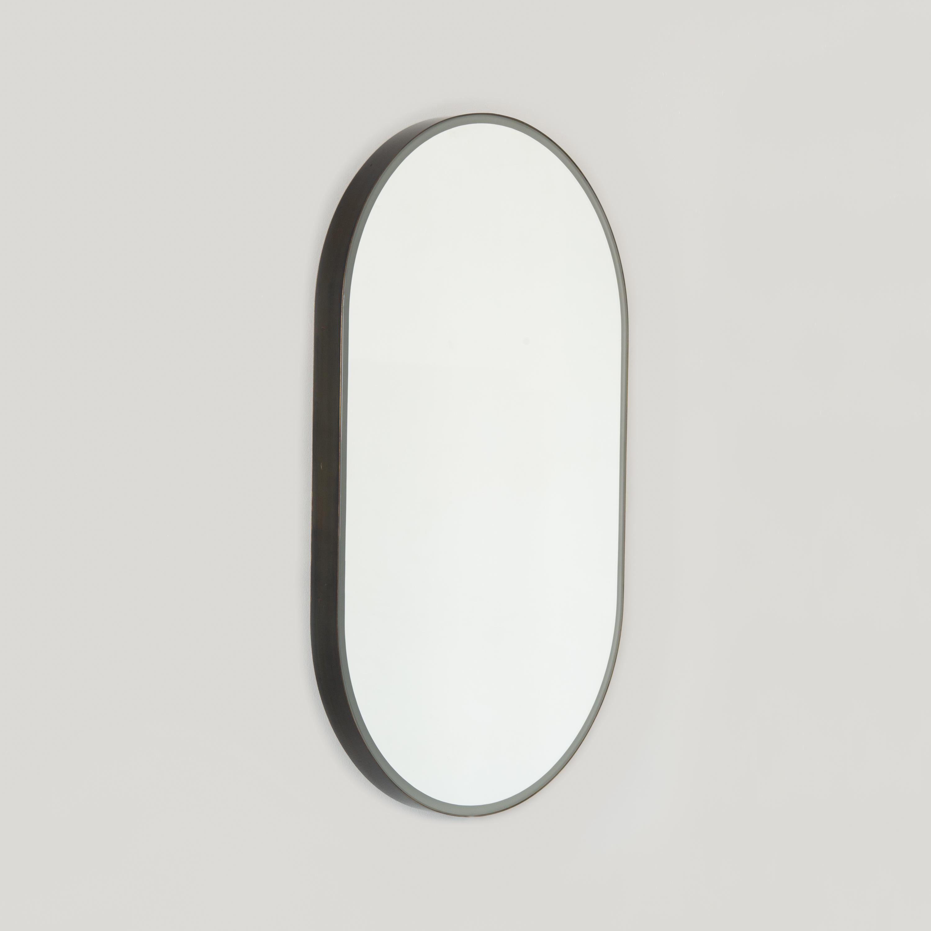 British Capsula Front Illuminated Pill Shaped Mirror, Bronze Patina Frame, XL For Sale