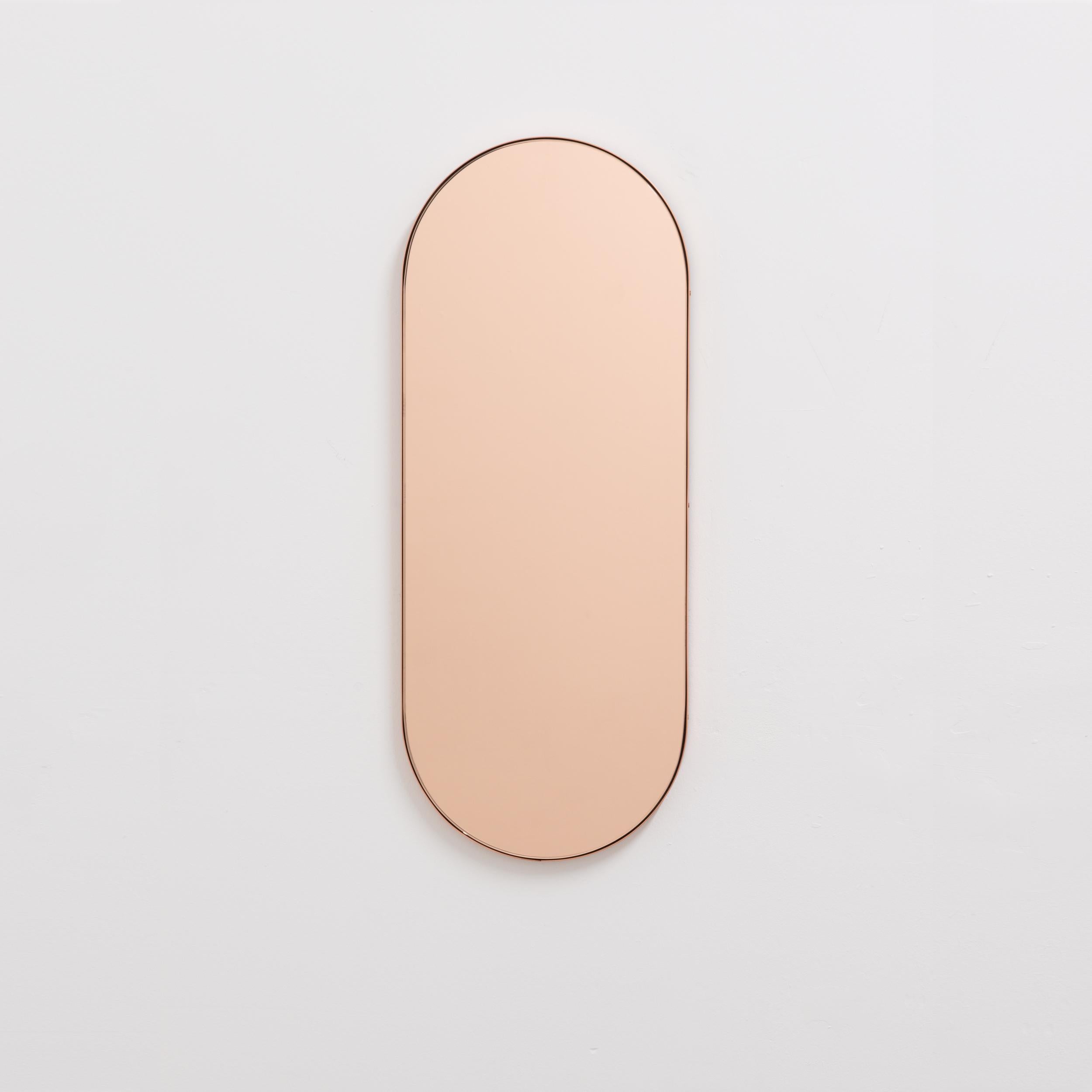Contemporary Capsula Capsule Pill Shaped Rose Gold Decorative Mirror with Copper Frame, Small For Sale