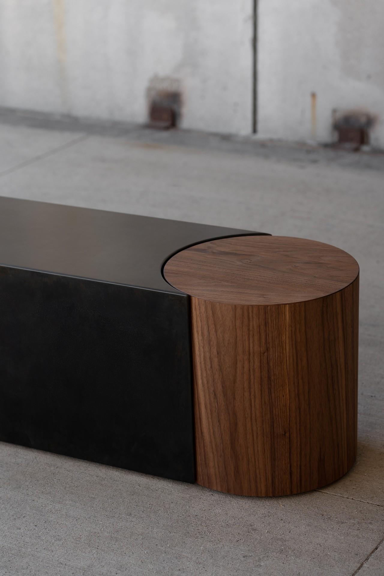 Blackened Capsule Accent Steel Bench with Walnut Side Table For Sale