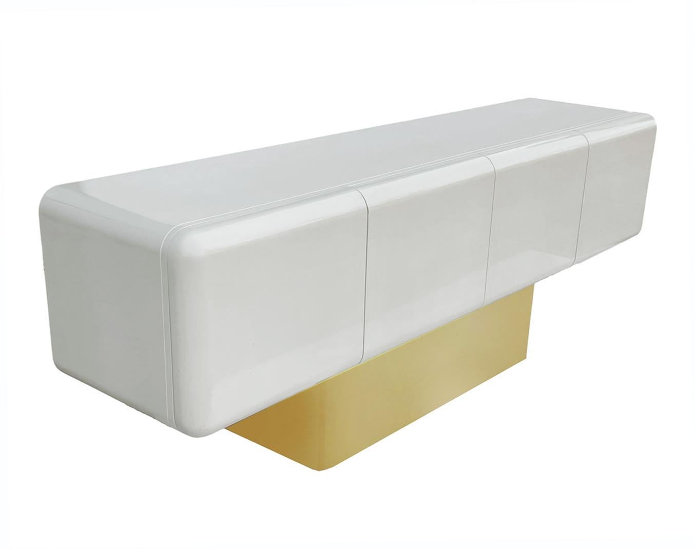 Capsule Form Mid-Century Modern off White Credenza or Sideboard on Brass Base  2