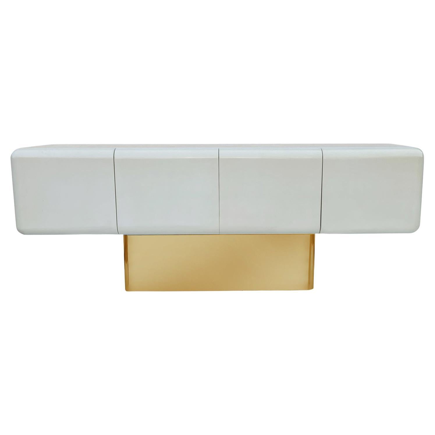 Capsule Form Mid-Century Modern off White Credenza or Sideboard on Brass Base 