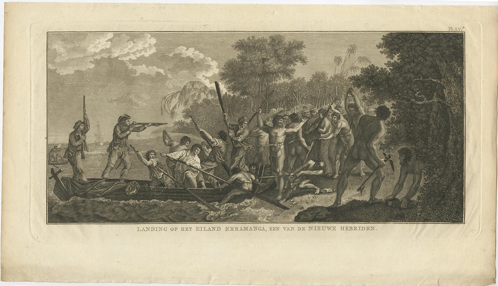 Antique print New Hebrides titled 'Landing op het Eiland Erramanga, een van de Nieuwe Hebriden'. 

Antique print depicting the landing at one of the islands of the New Hebrides, Vanuatu. Captain Cook is aiming his gun. Originates from 'Reizen