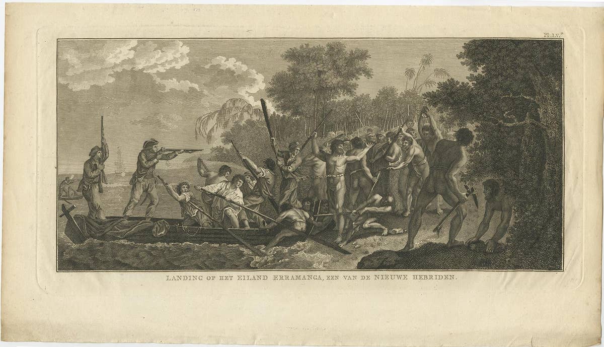 Capt. Cook Aiming His Gun Near Islands of the New Hebrides, Vanuatu, 1803