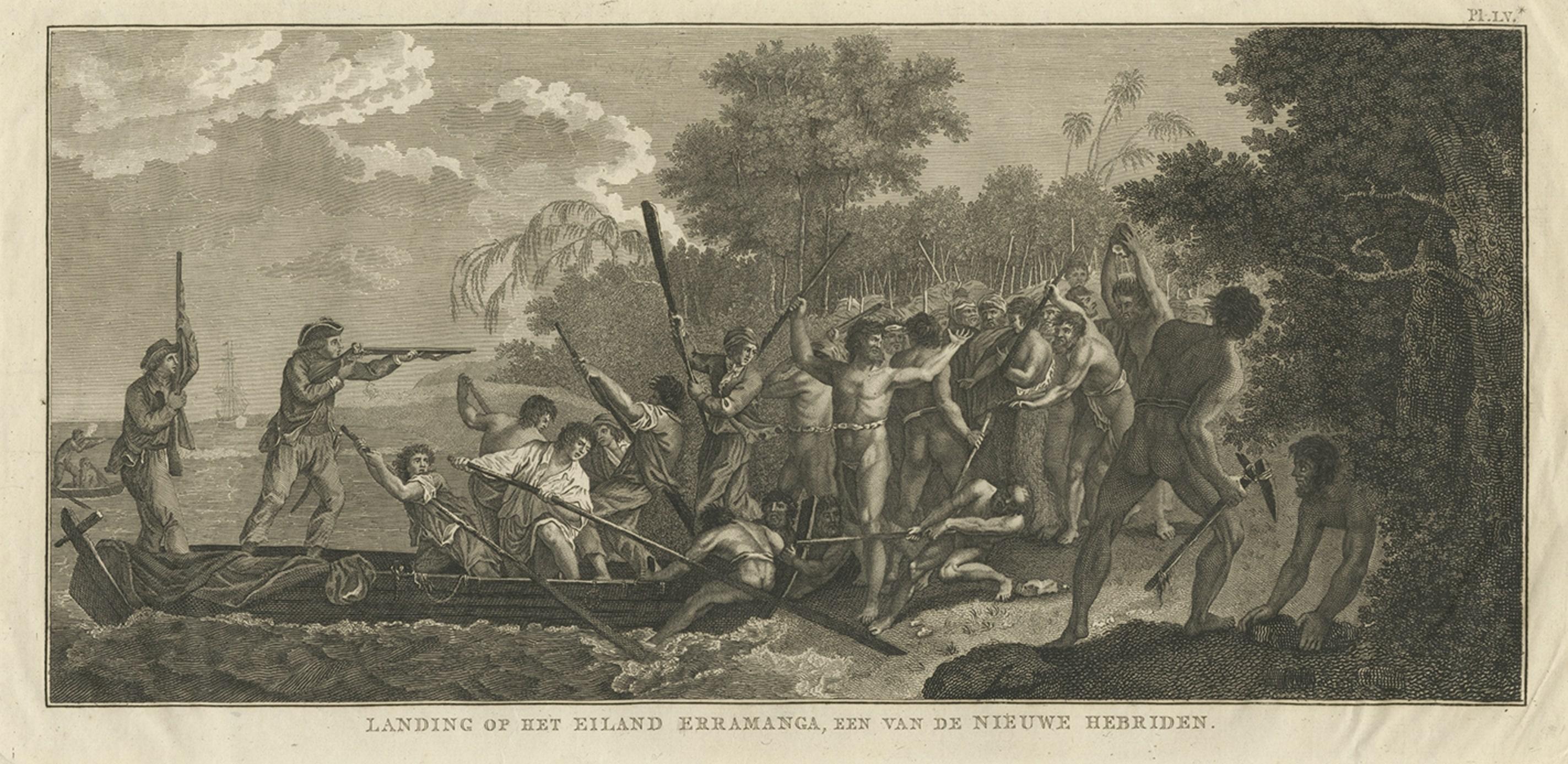 Kapitän. Cook zielt mit seinem Gewehr auf die Inseln der Neuen Hebriden, Vanuatu, 1803 im Zustand „Gut“ im Angebot in Langweer, NL