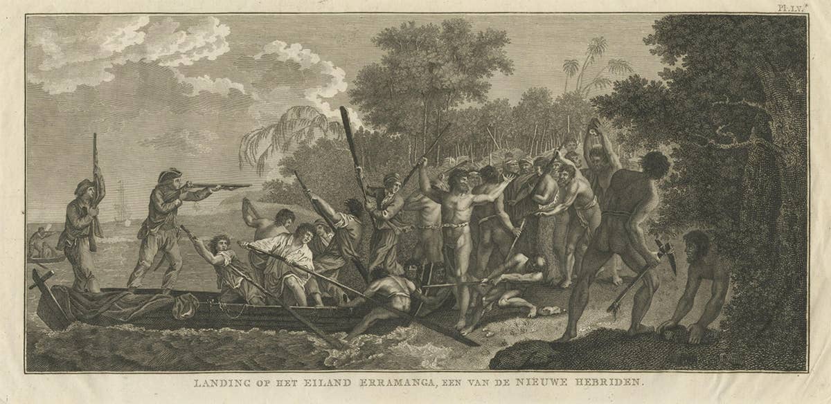 Capt. Cook Aiming His Gun Near Islands of the New Hebrides, Vanuatu, 1803