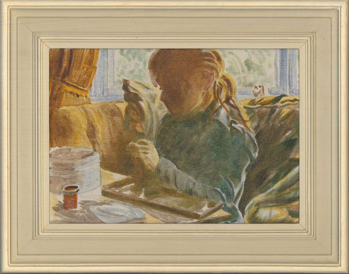 A delightful oil painting, depicting a young girl threading beads in an interior setting. There is an 'Armed Forces Art Society' label on the revere. The title and artist's name are also inscribed on the revere. Unsigned. Presented in an off-white