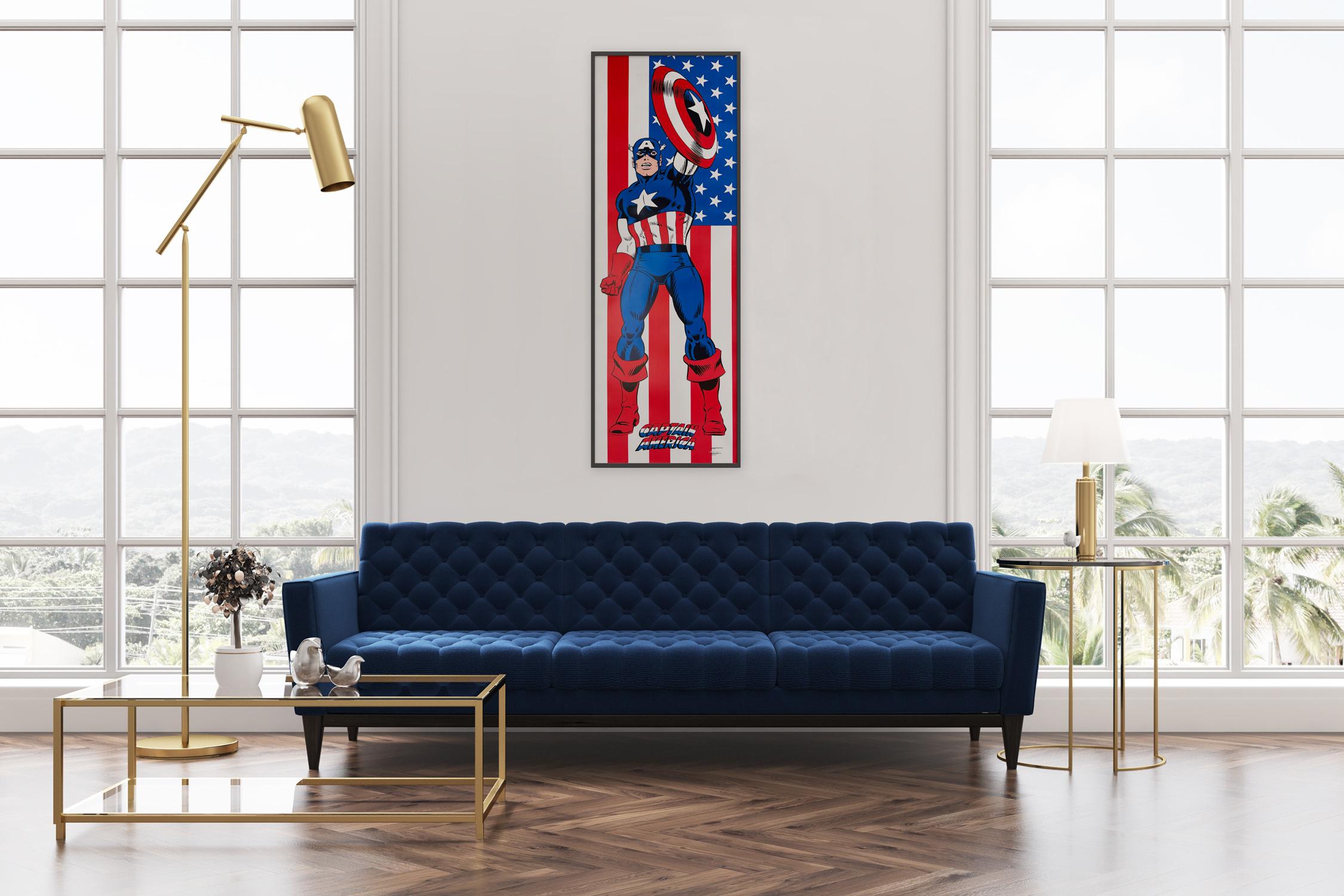 Wonderful vintage 1991 US poster from for Marvel's Captain America. This Supersized door panel is simply super!!!!

This vintage poster have been professionally cleaned, de-acidified and linen-backed and is sized 24 1/4 x 71 1/2 inches (27 x 75 1/2