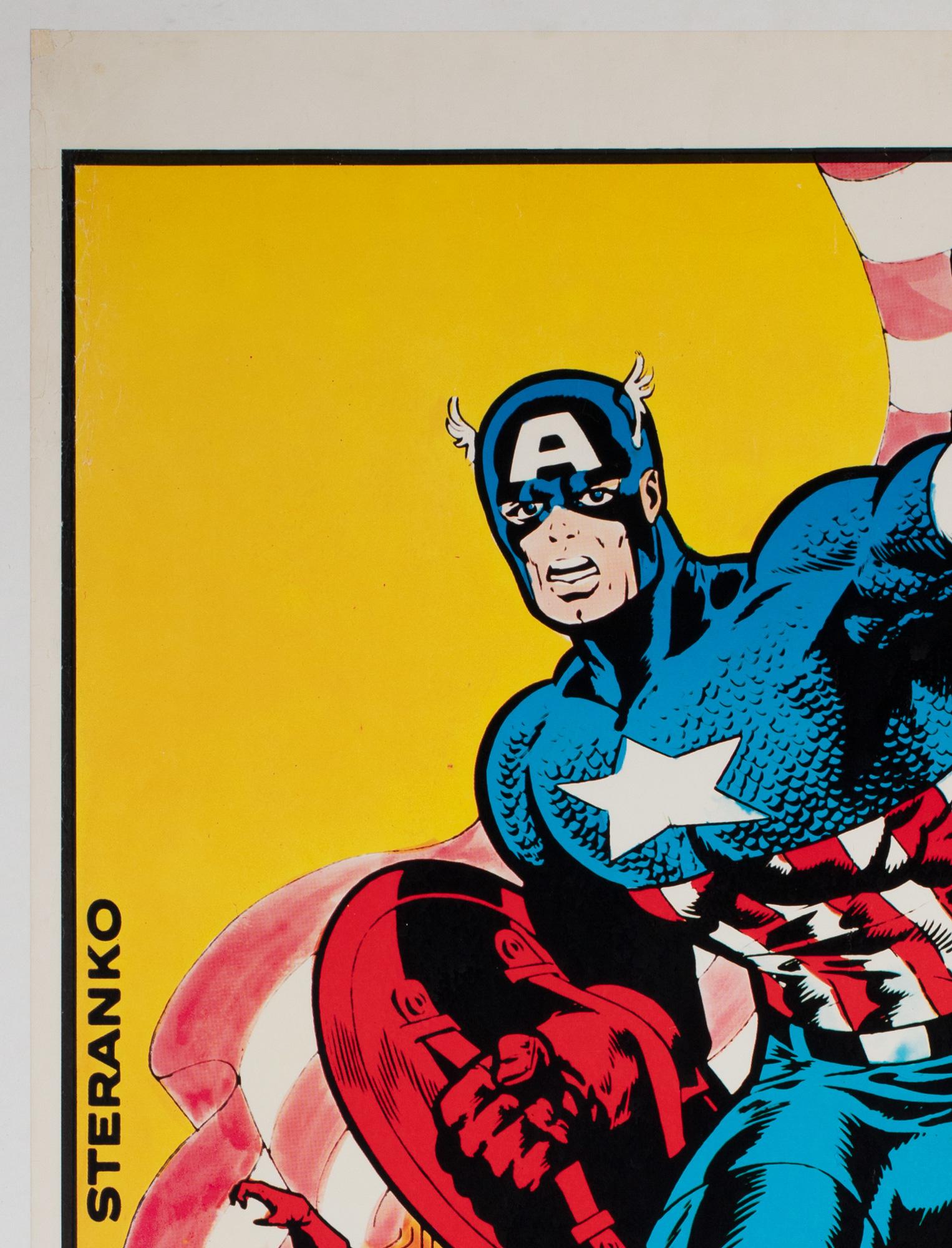 Captain America vintage 1970s US poster, Steranko

Stunning and colourful original vintage 1970s Captain America poster. Superb design by Steranko.

This vintage poster have been professionally linen-backed and is sized 22 3/4 x 33 inches (25 x