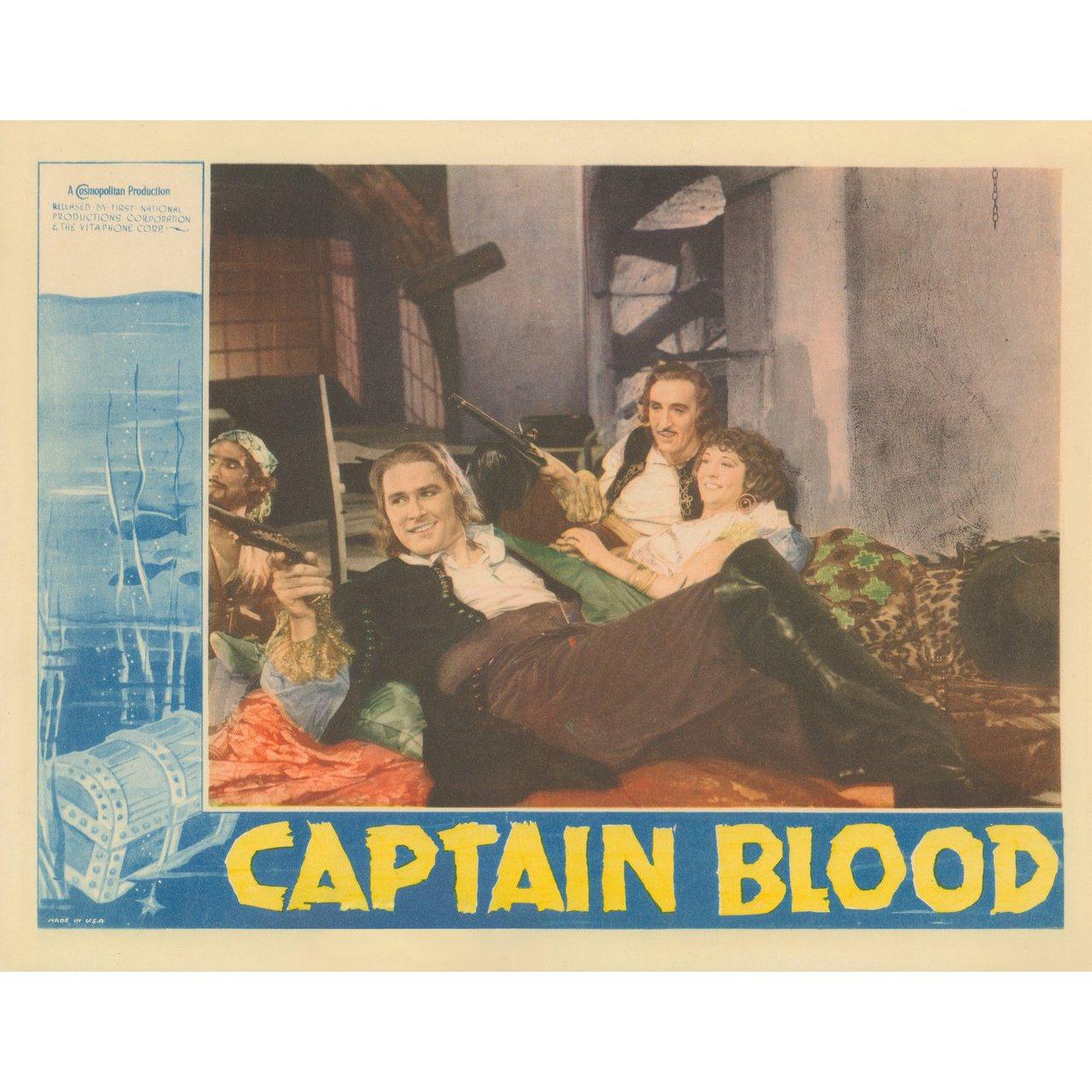 Original 1935 U.S. scene card for the film Captain Blood directed by Michael Curtiz with Errol Flynn / Olivia de Havilland / Lionel Atwill / Basil Rathbone. Very Good-Fine condition, paper-backed. Please note: the size is stated in inches and the