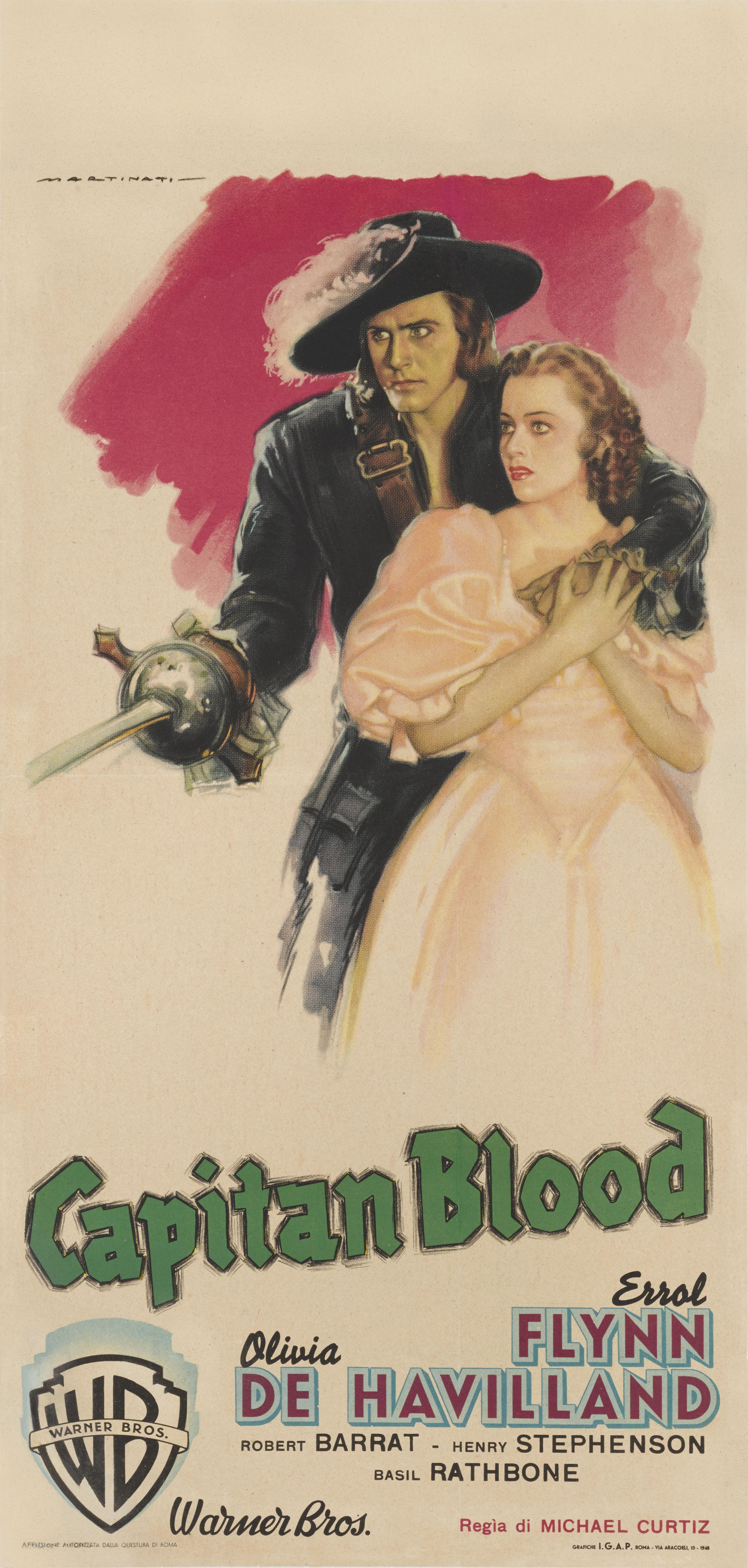 Original Italian film poster for Capitan Blood 1935. This poster is for the 1948 re-release of the film.
The artwork is by one of Italy most celebrated poster designers Luigi Martinati (1893-1984) This poster features the best artwork on any poster