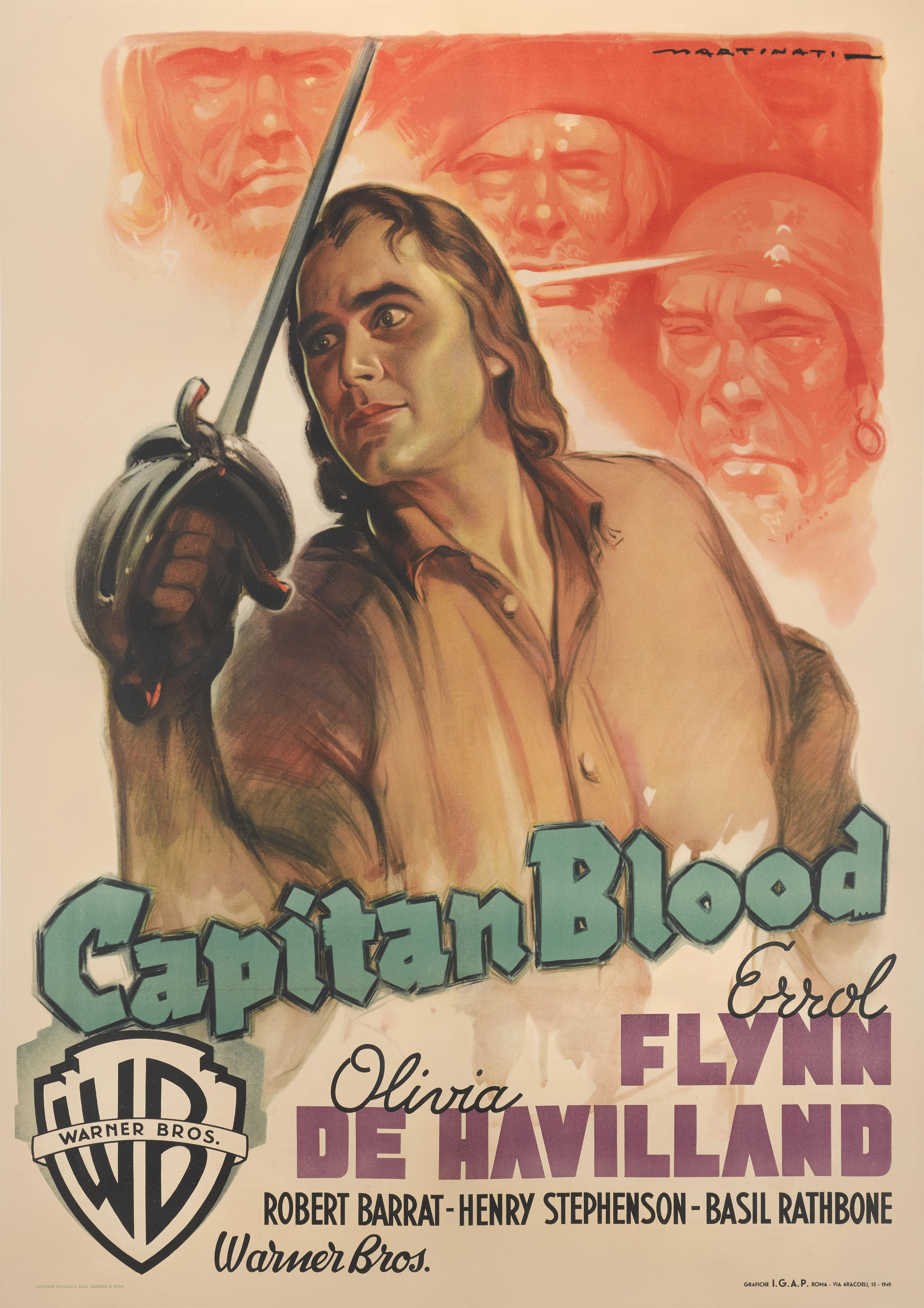 Il s'agit d'une affiche originale italienne extrêmement rare pour le film Captain Blood, réalisé en 1935 par Michael Curtiz, avec Errol Flynn dans son premier rôle de corsaire, aux côtés d'Oliver de Havilland et de Basil Rathbone. Flynn et de