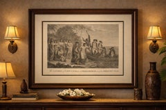 Incisione del Capitano Cook che sbarca a Tonga, Isole Amiche, Pacifico, 1777
