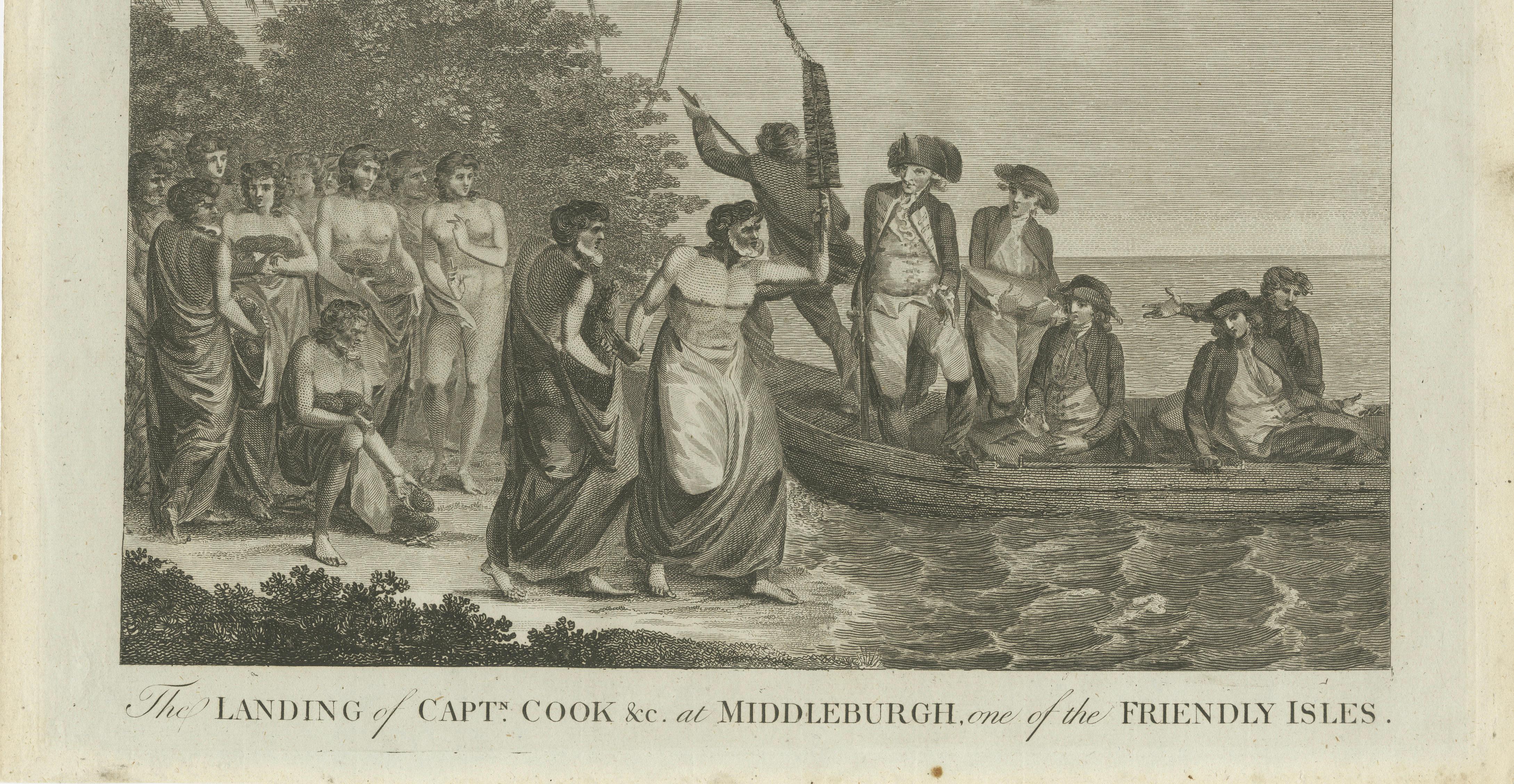 Captain Cook Landing Tonga Engraving, Friendly Isles, Pacific, 1777