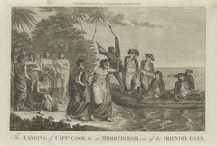 Incisione del Capitano Cook che sbarca a Tonga, Isole Amiche, Pacifico, 1777