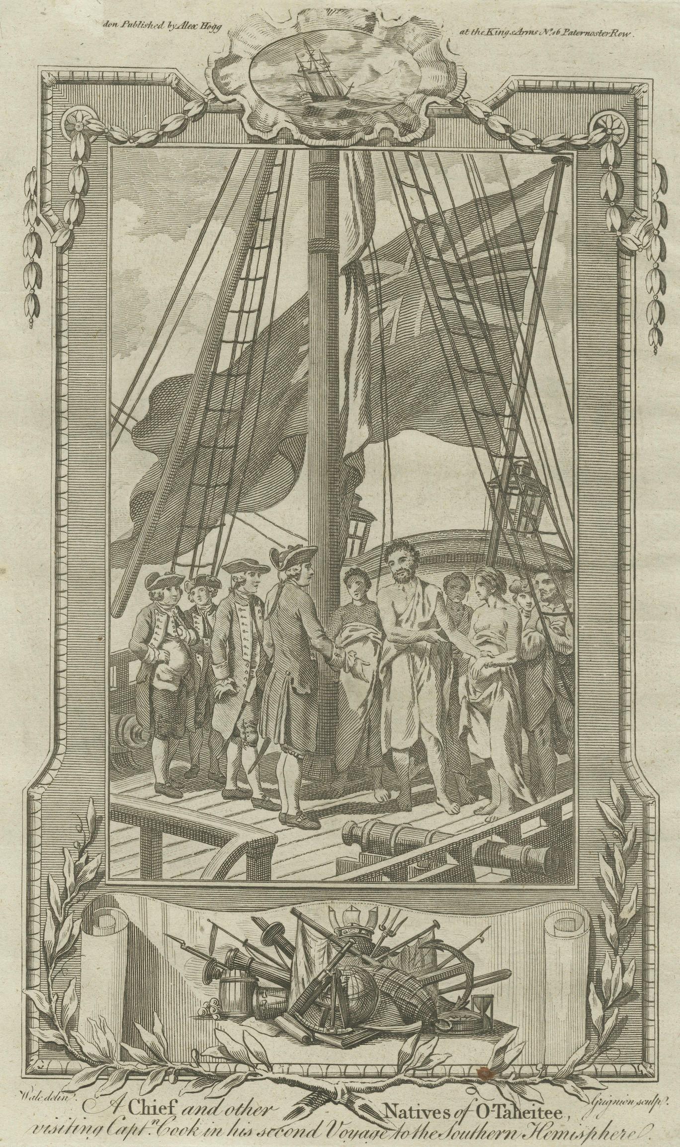 Captain Cook Tahiti Visit Engraving, Otaheite Natives, Pacific, c.1785
