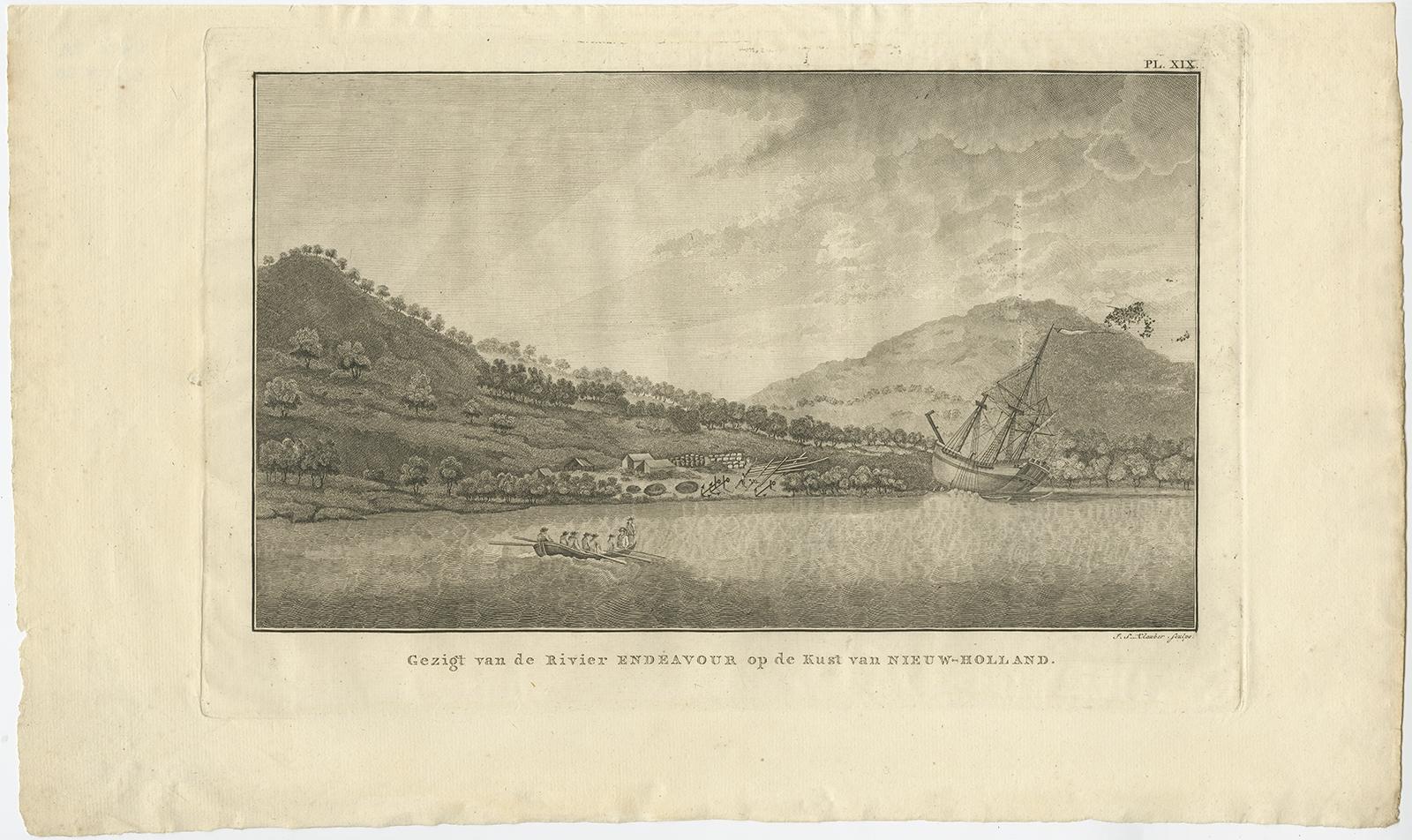 Antique print Australia titled 'Gezigt van de Rivier Endeavour op de Kust van Nieuw-Holland'. 

View of an encampent on the shore of the Endeavour river on the coast of Australia where the Endeavour boat was beached. Originates from 'Reizen Rondom