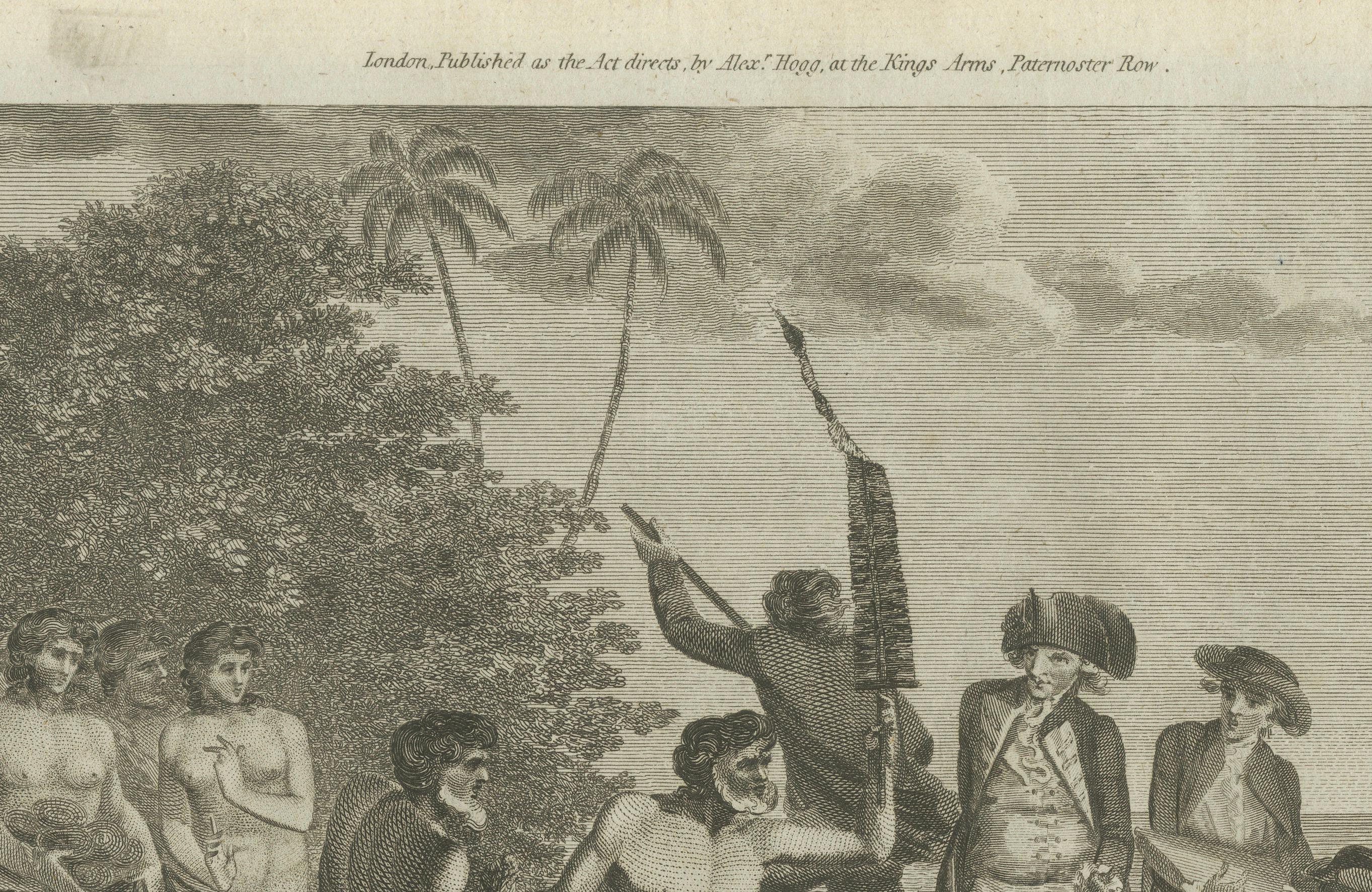 Inciso Lo sbarco del Capitano Cook a Middleburgh, nelle Isole Amiche (Incisione del XVIII secolo) in vendita