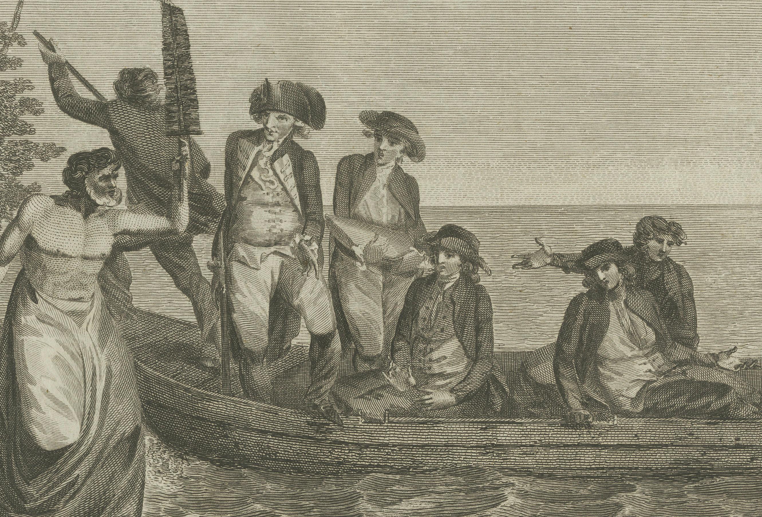 Lo sbarco del Capitano Cook a Middleburgh, nelle Isole Amiche (Incisione del XVIII secolo) In condizioni buone in vendita a Langweer, NL