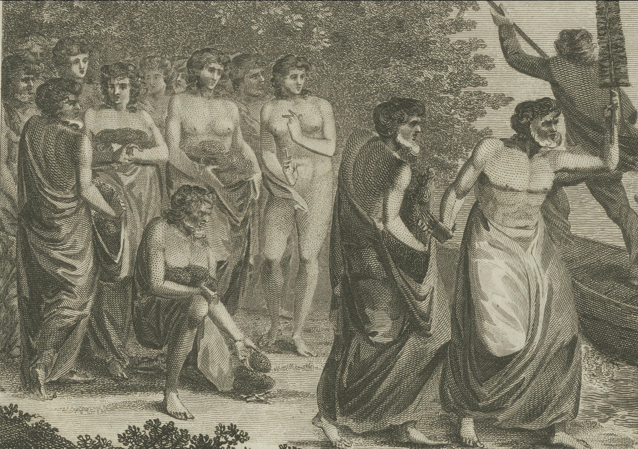 Fine XVIII secolo Lo sbarco del Capitano Cook a Middleburgh, nelle Isole Amiche (Incisione del XVIII secolo) in vendita