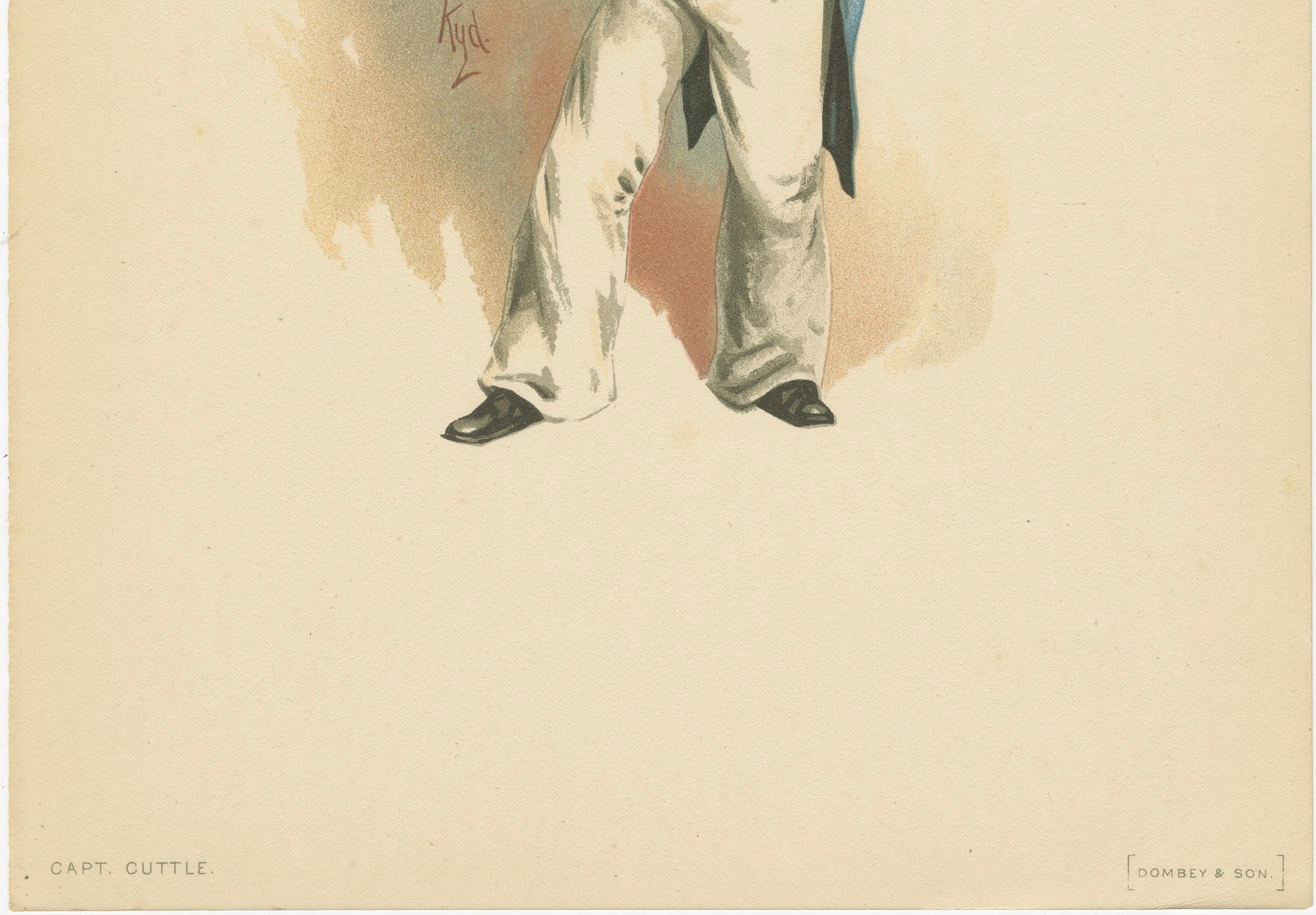 Titel: Kapitän Cuttle aus Dombey und Sohn - Kyd-Figurendruck nach Dickens, ca. 1889

Diese Original-Chromolithografie zeigt Kapitän Edward Cuttle, eine schillernde Figur aus Charles Dickens' Roman Dombey und Sohn, der erstmals 1846-48 veröffentlicht